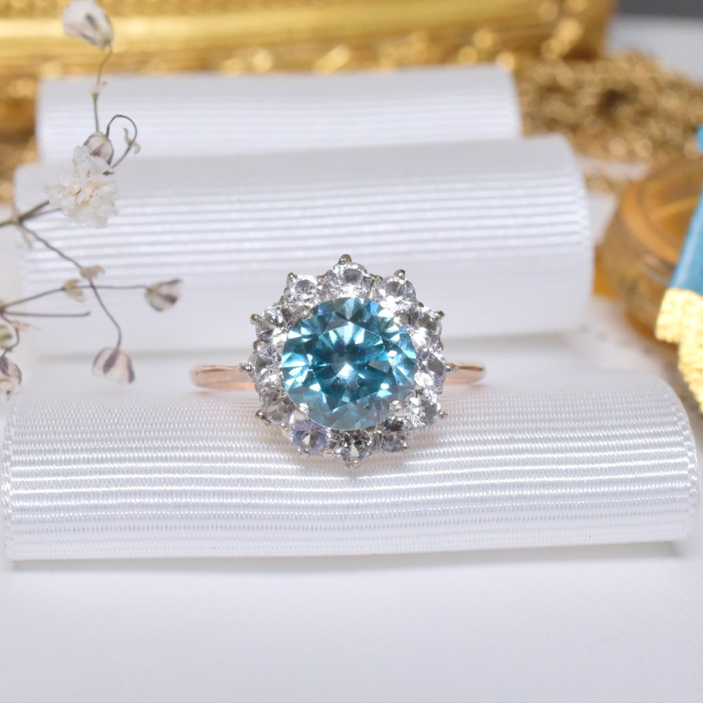 Vintage Art Deco Era 9ct Rose Gold Blue Zircon And White Sapphire Daisy Ring