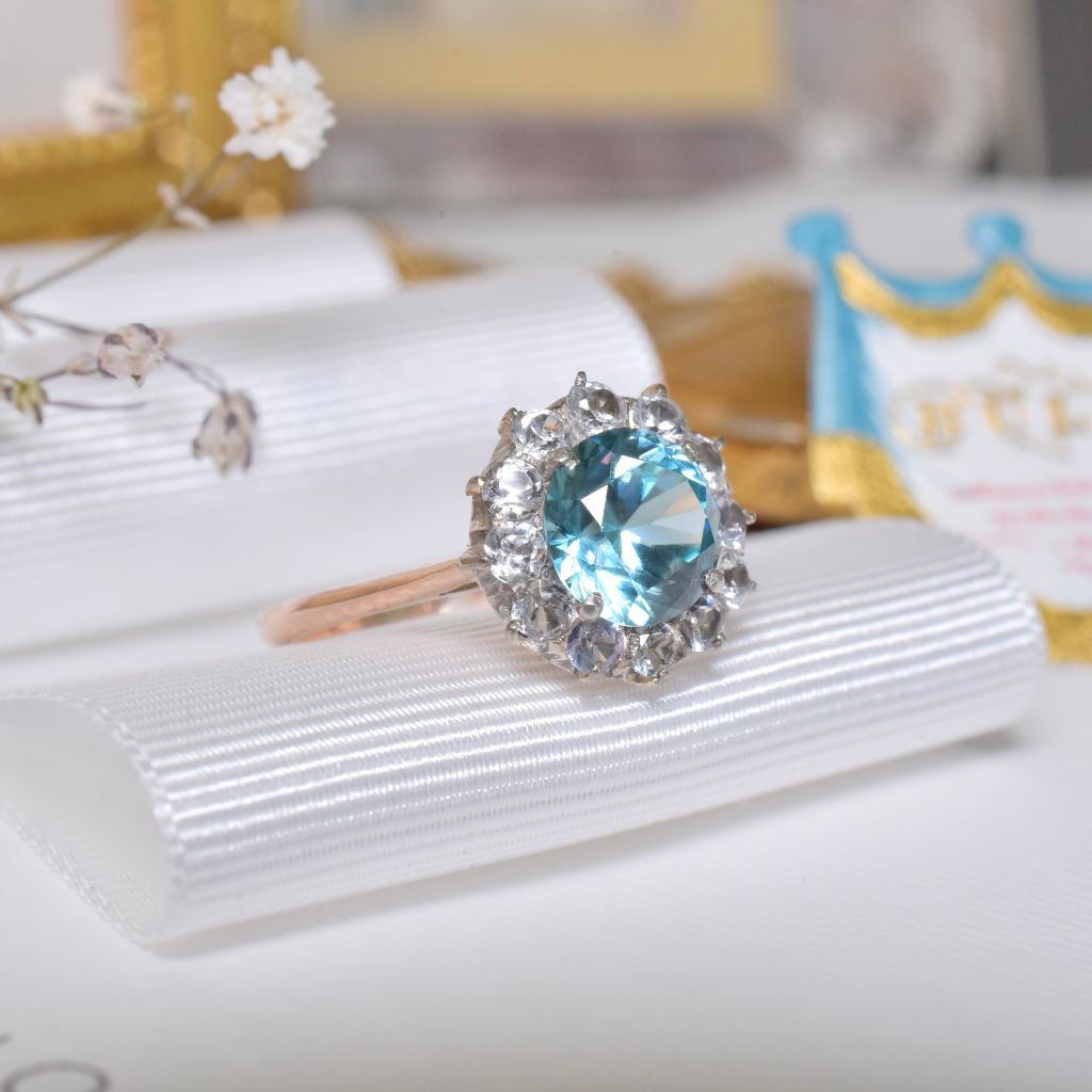 Vintage Art Deco Era 9ct Rose Gold Blue Zircon And White Sapphire Daisy Ring