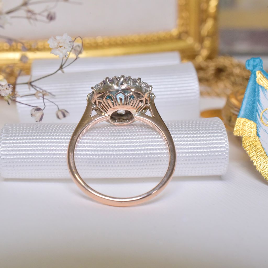 Vintage Art Deco Era 9ct Rose Gold Blue Zircon And White Sapphire Daisy Ring