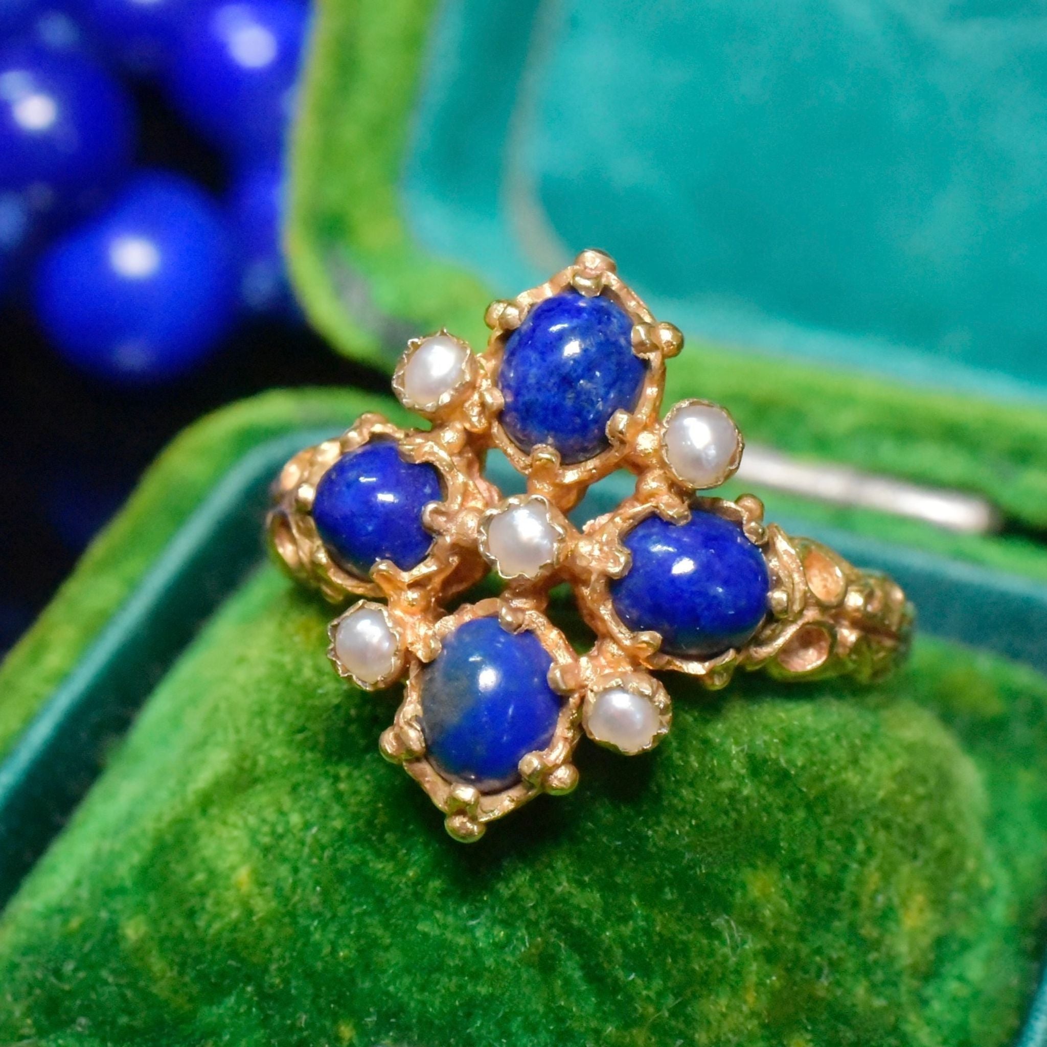 Charming 9ct Yellow Gold Lapis Lazuli And Seed Pearl Ring - London 1973