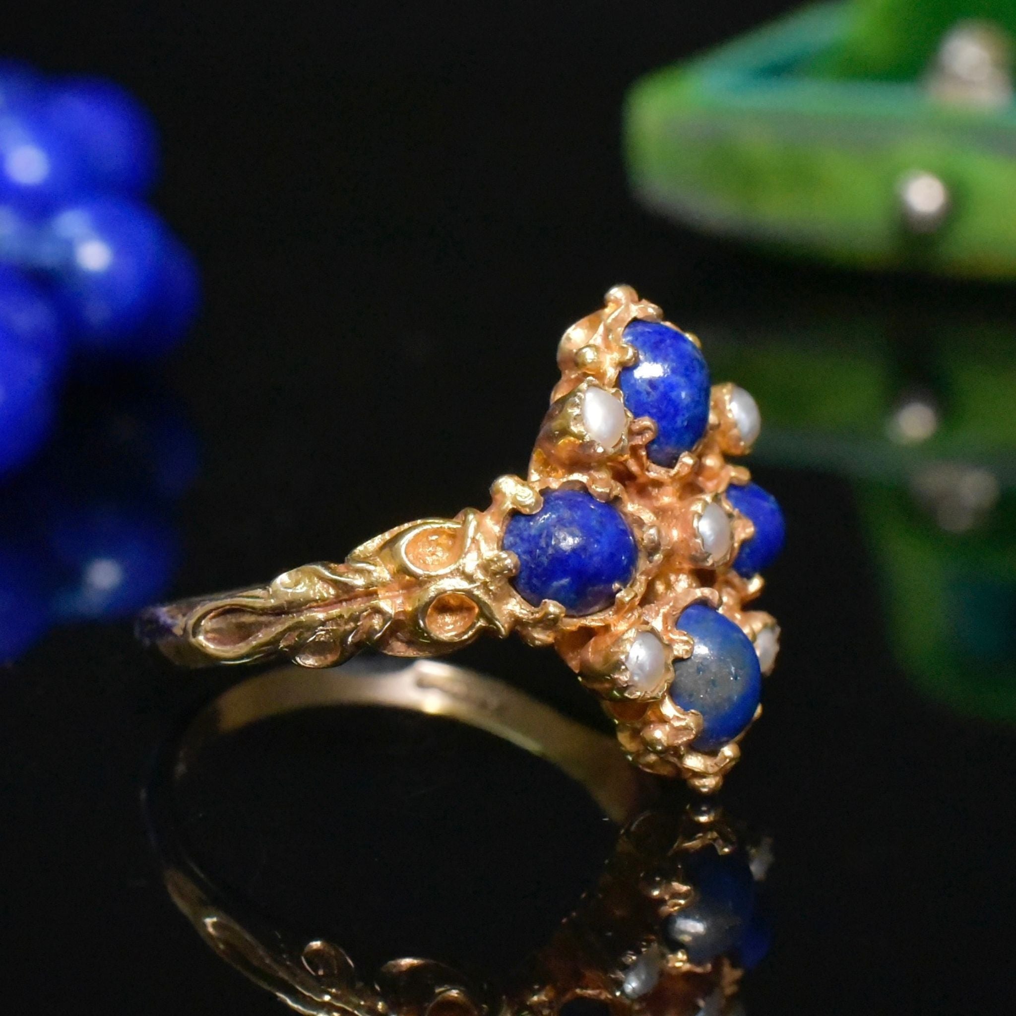 Charming 9ct Yellow Gold Lapis Lazuli And Seed Pearl Ring - London 1973