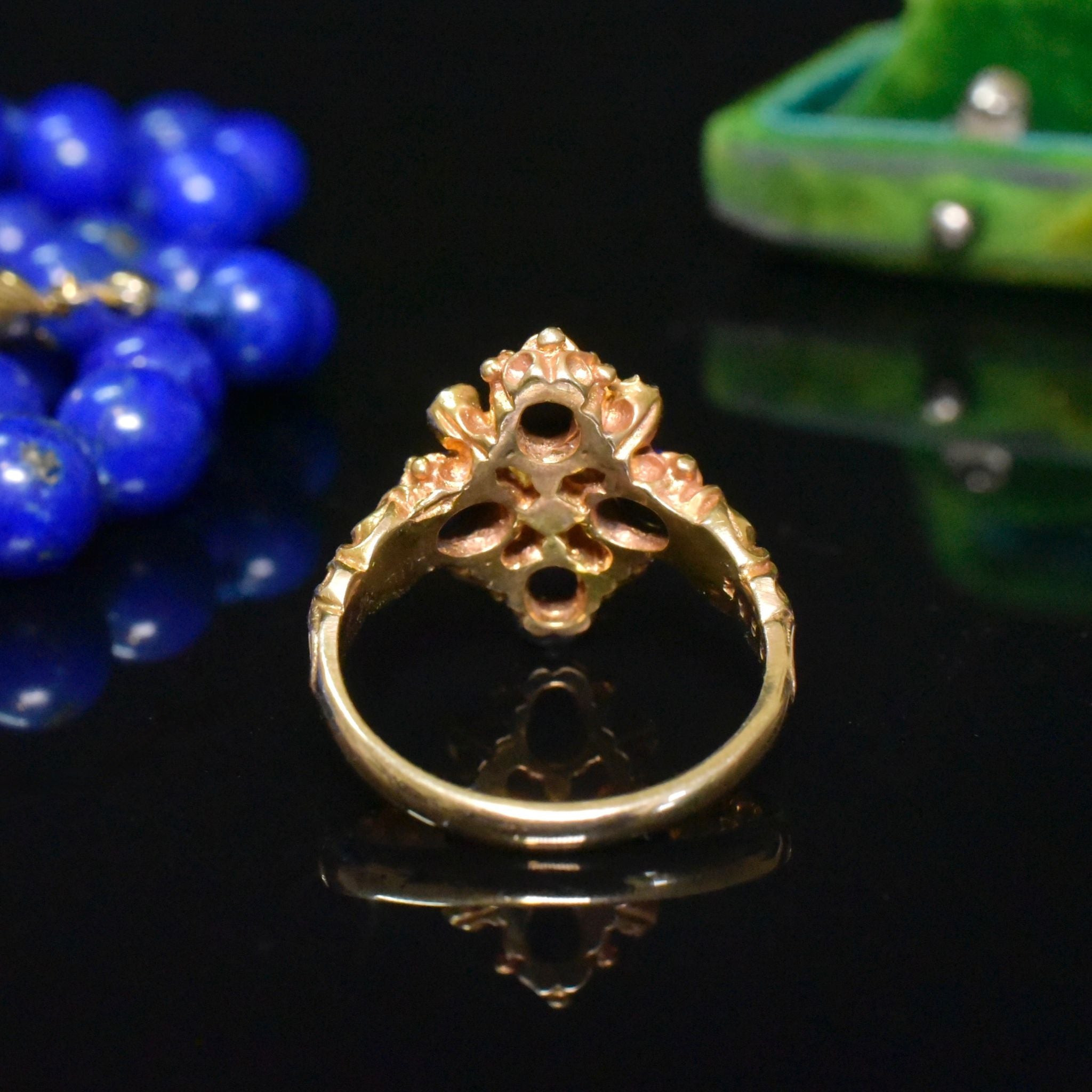 Charming 9ct Yellow Gold Lapis Lazuli And Seed Pearl Ring - London 1973