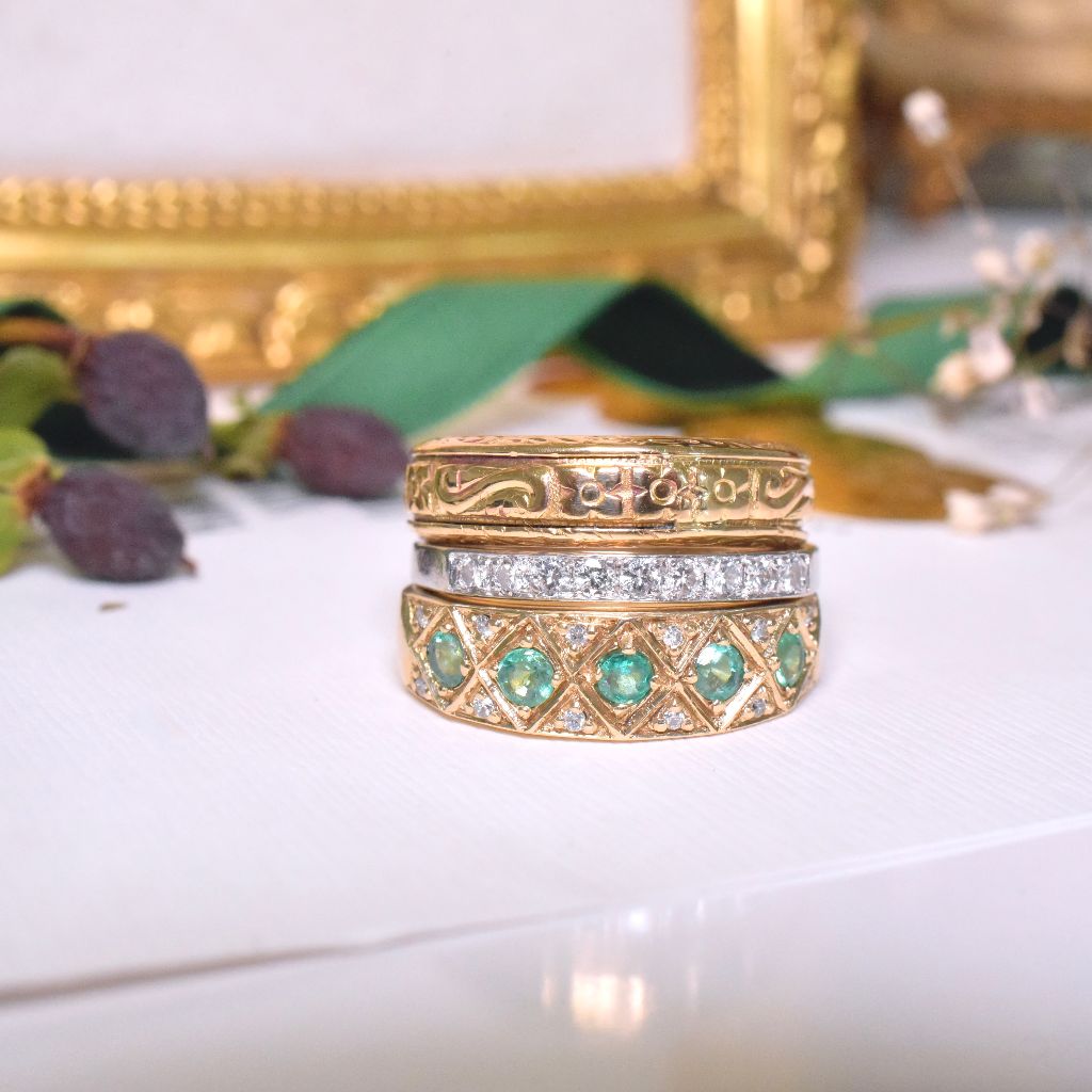 Contemporary 9ct Yellow Gold Emerald And Diamond Five Stone Ring