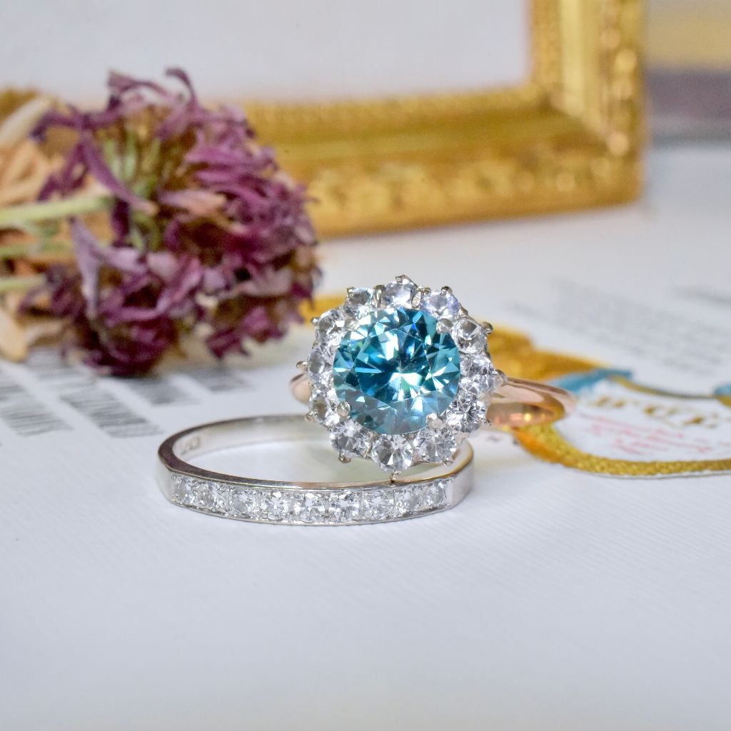 Vintage Art Deco Era 9ct Rose Gold Blue Zircon And White Sapphire Daisy Ring