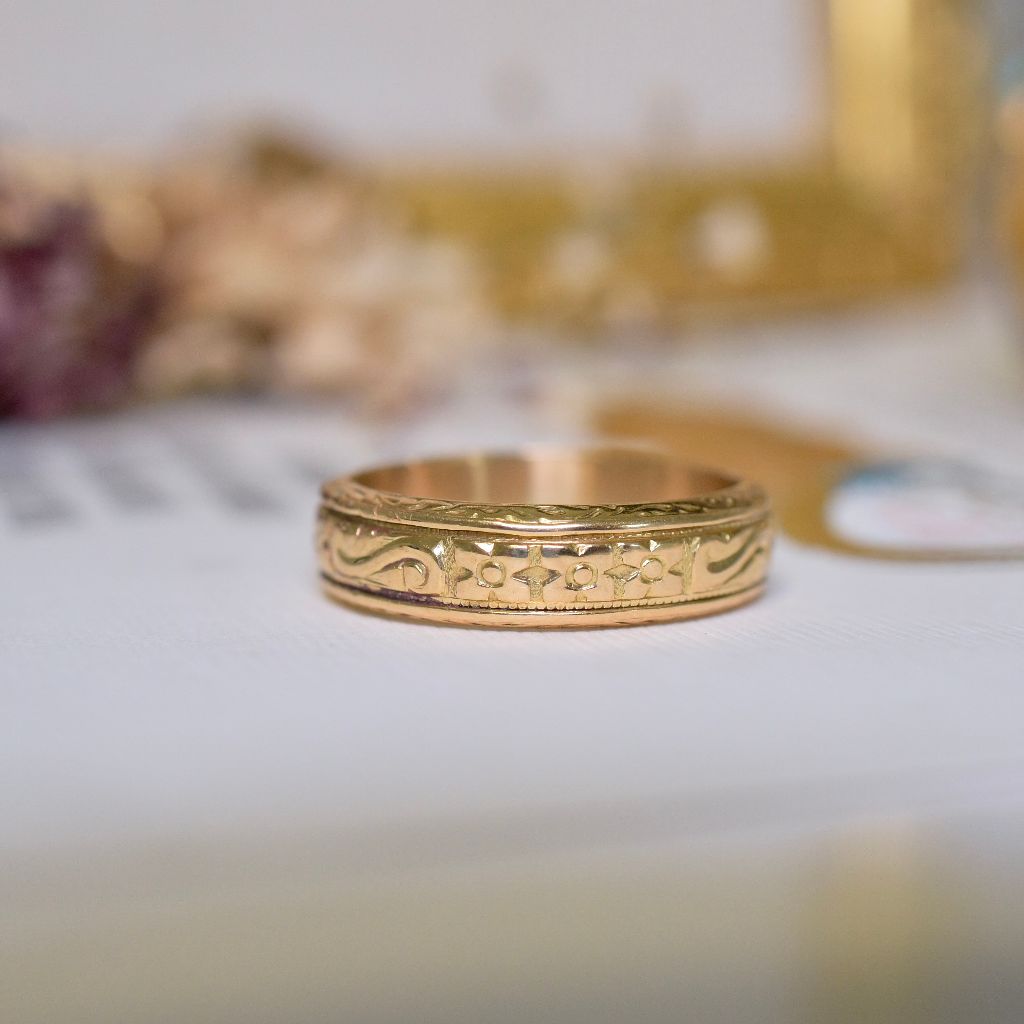 Vintage Australian 18ct Yellow Gold Patterned ‘Cherry Blossom’ Band By ‘RODD’ Circa 1950-60’s