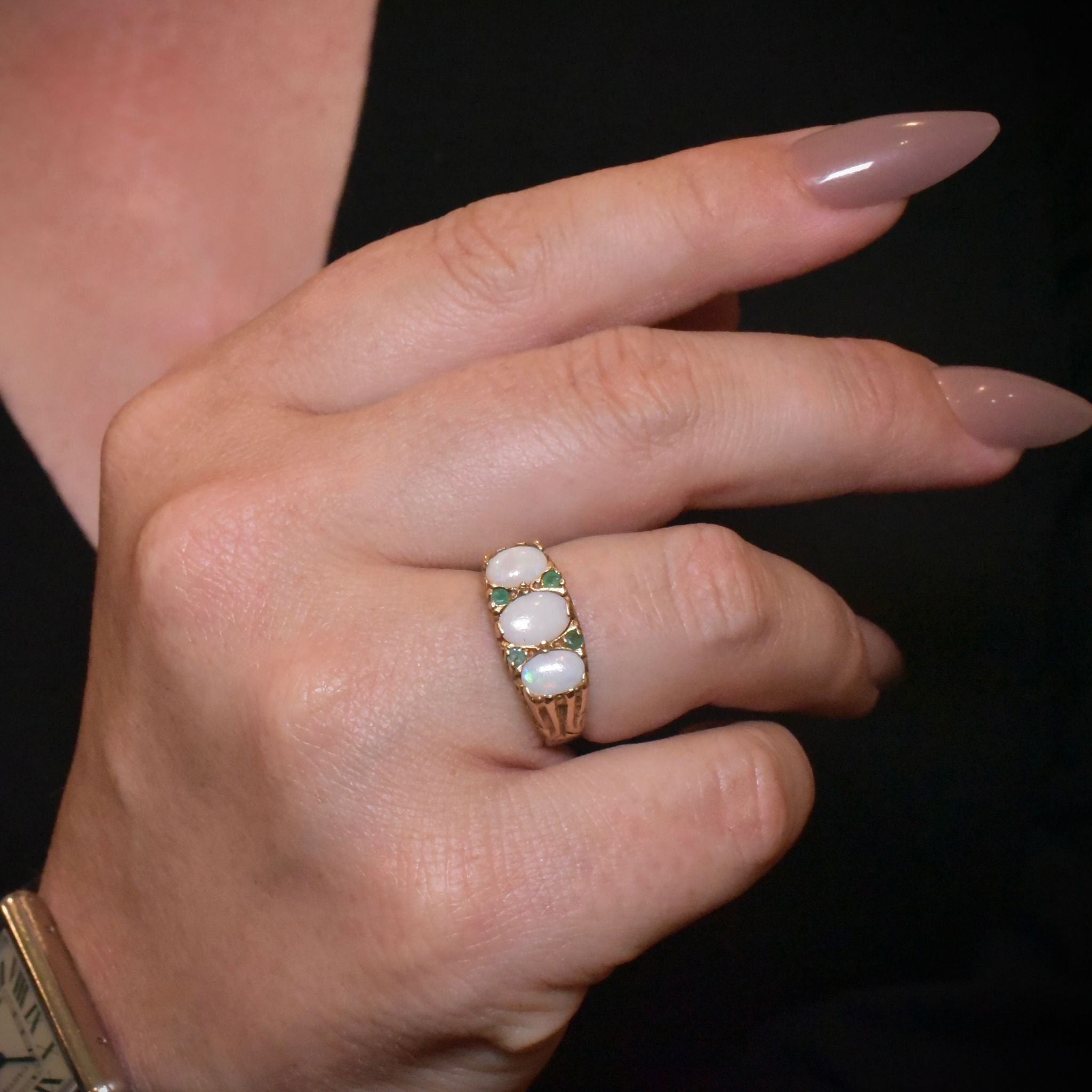 Vintage 9ct Yellow Gold Opal And Emerald Bridge Ring- London 1979