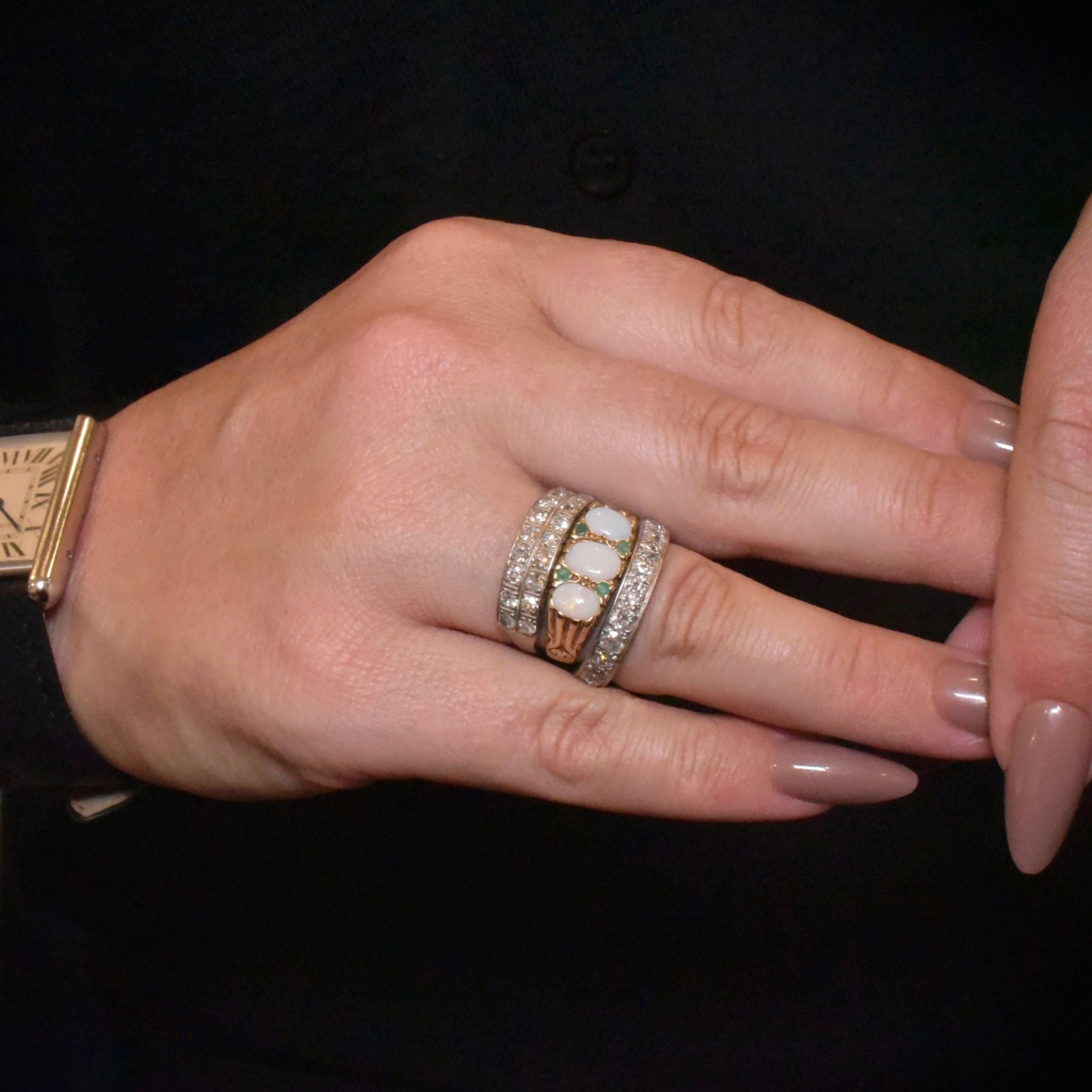 Vintage 9ct Yellow Gold Opal And Emerald Bridge Ring- London 1979