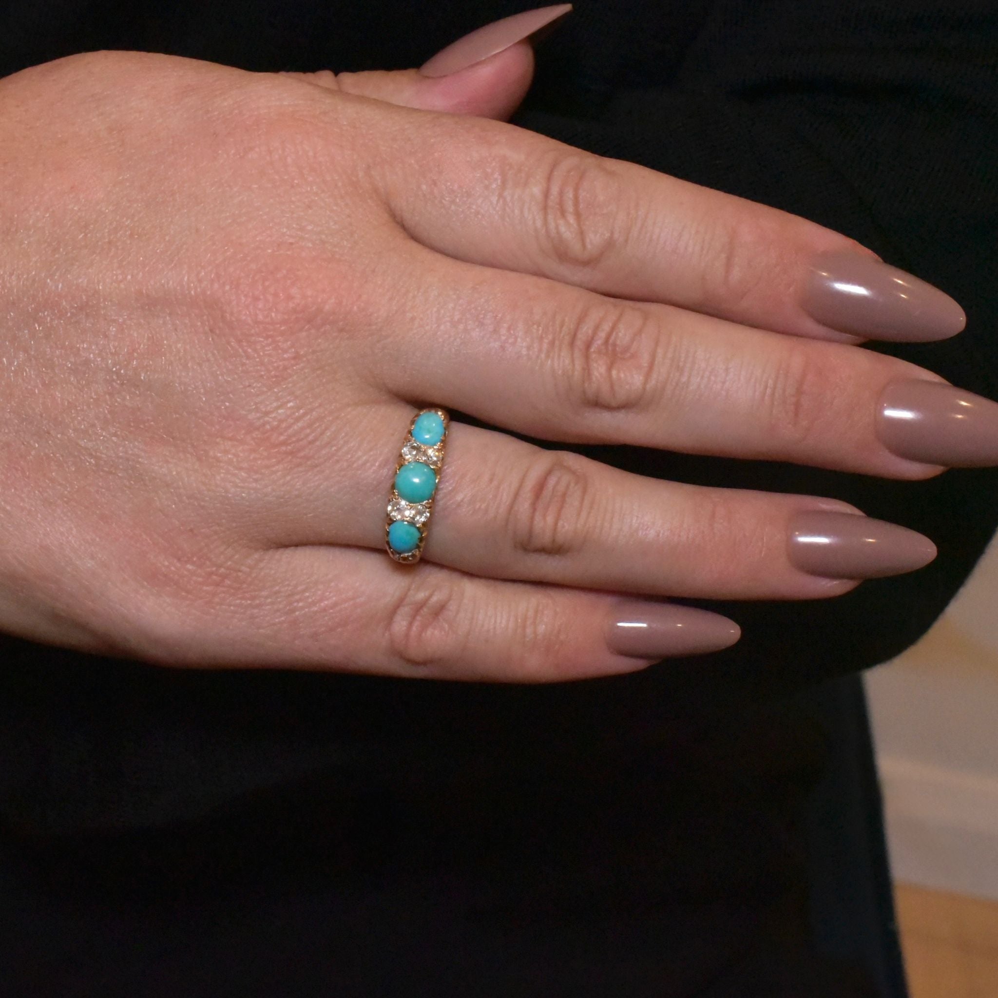 Antique Victorian 9ct Yellow Gold Turquoise And Diamond Ring Circa 1890-1900