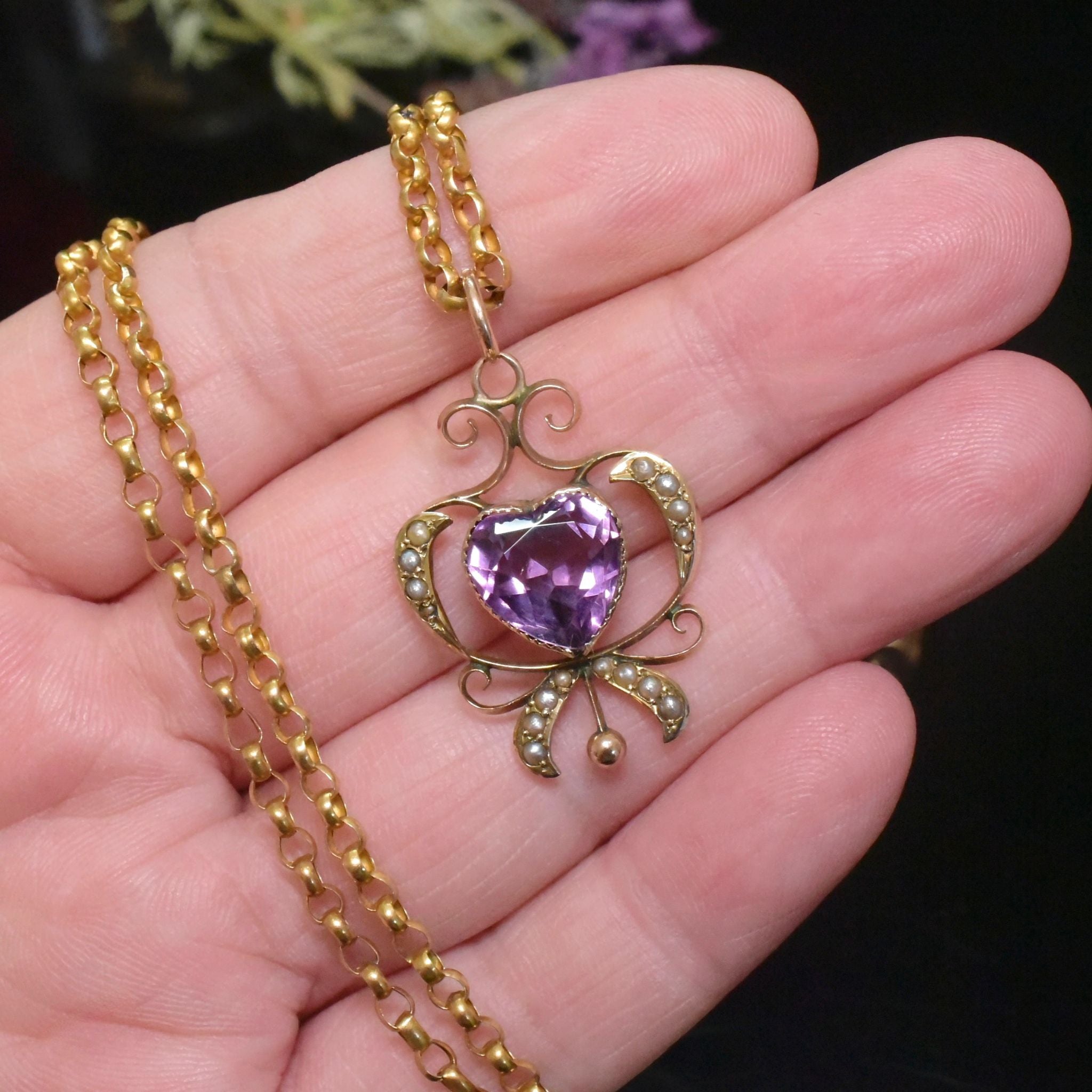 Antique Edwardian 9ct Rose Gold Heart Amethyst Seed Pearl Pendant Circa 1910 Hallmarked for E S Barnsley & Co (Edward Souter Barnsley)