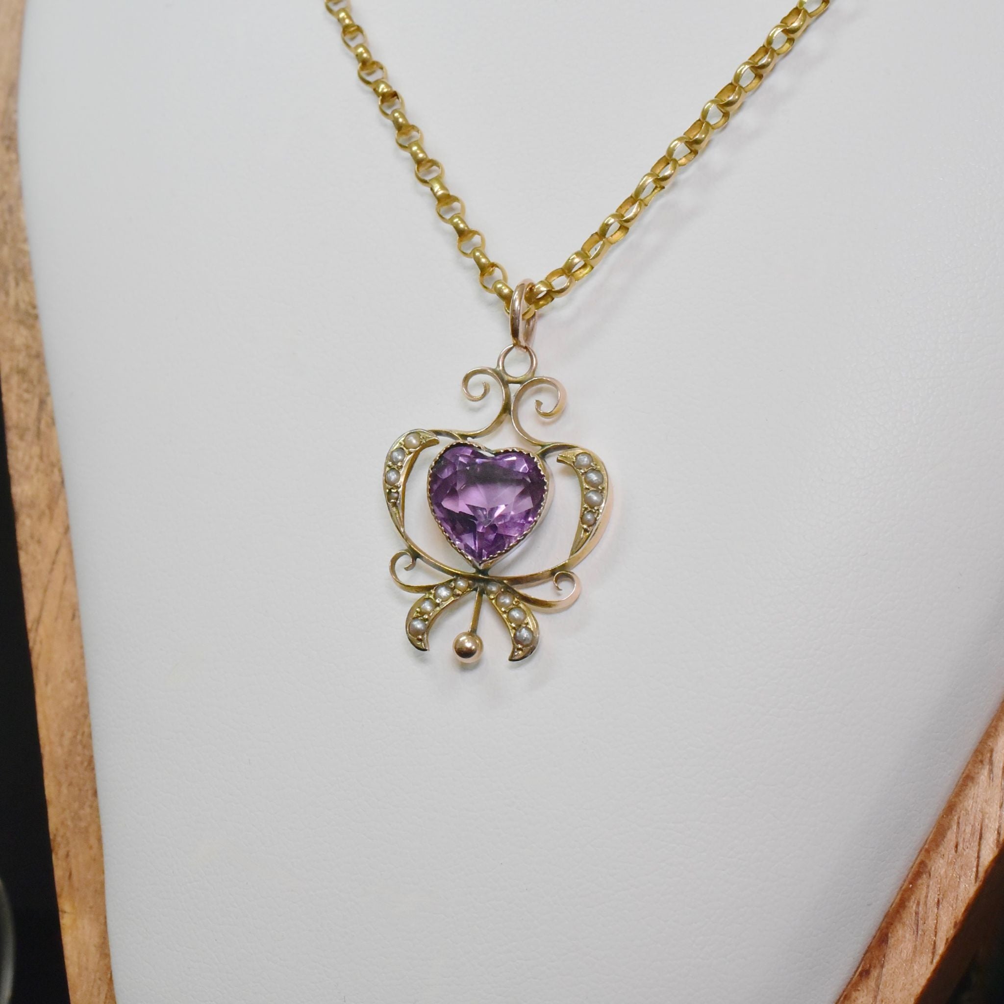 Antique Edwardian 9ct Rose Gold Heart Amethyst Seed Pearl Pendant Circa 1910 Hallmarked for E S Barnsley & Co (Edward Souter Barnsley)