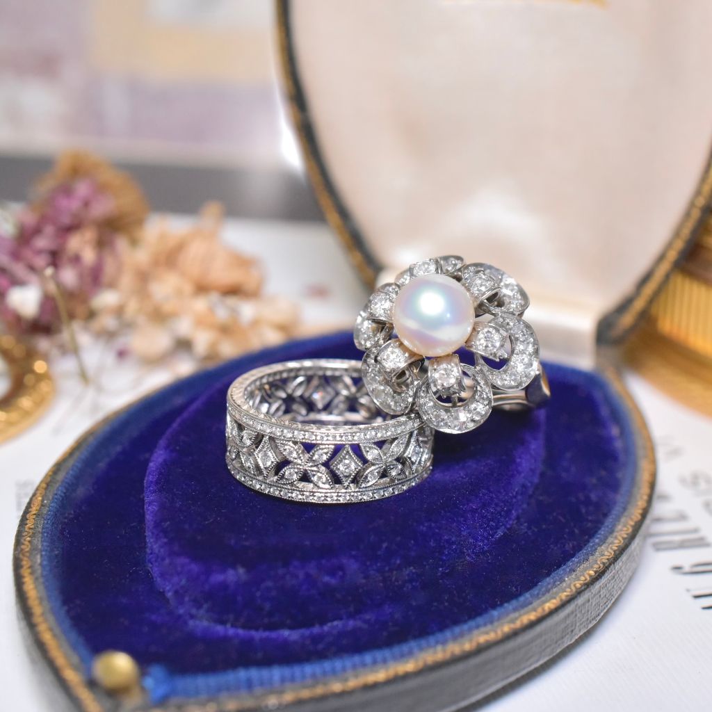 Superb Vintage Platinum And 14ct White Gold Diamond Pearl Cocktail Ring 1950’s