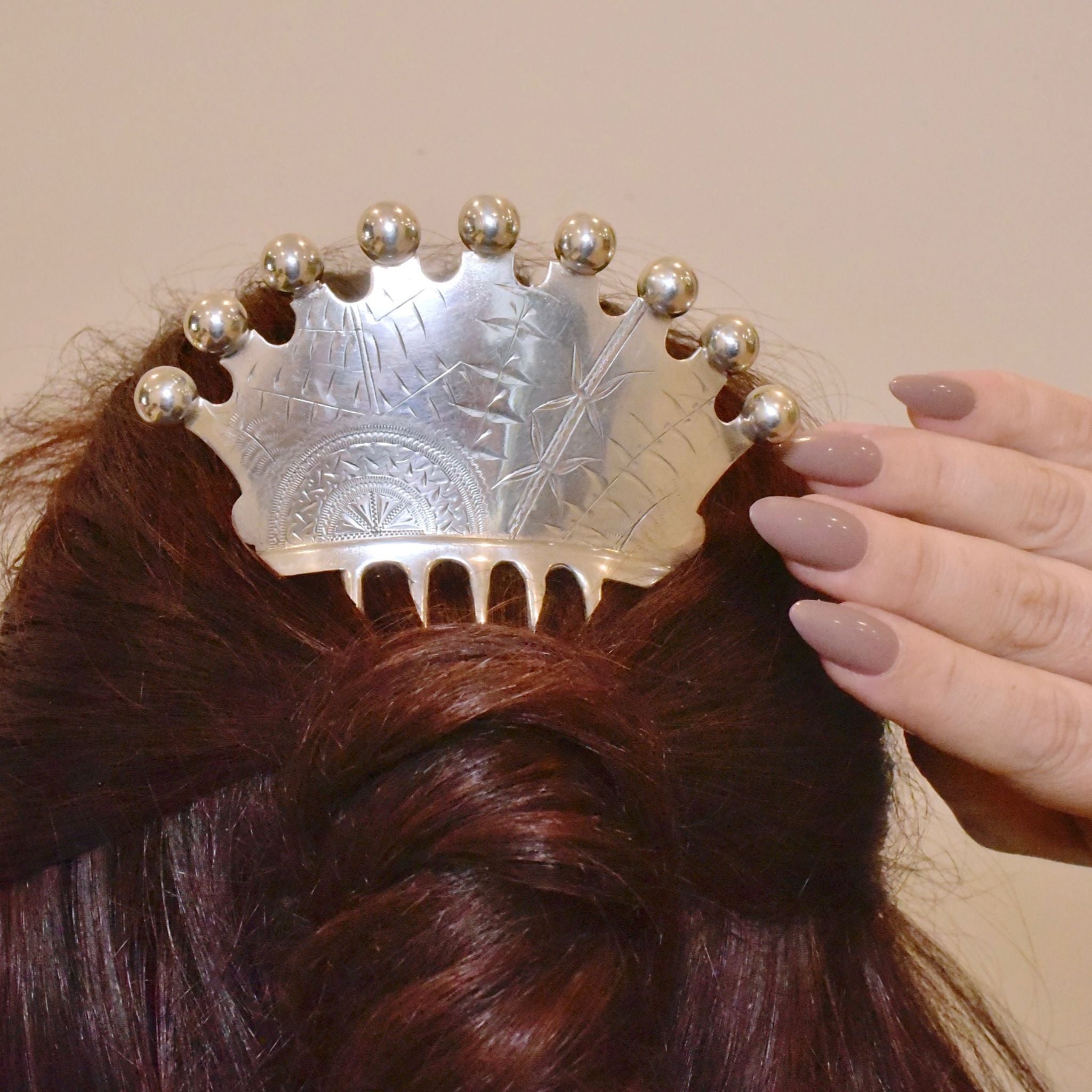 Antique Sterling Silver Aesthetic Movement Japonesque Hair Comb Circa 1895-1910