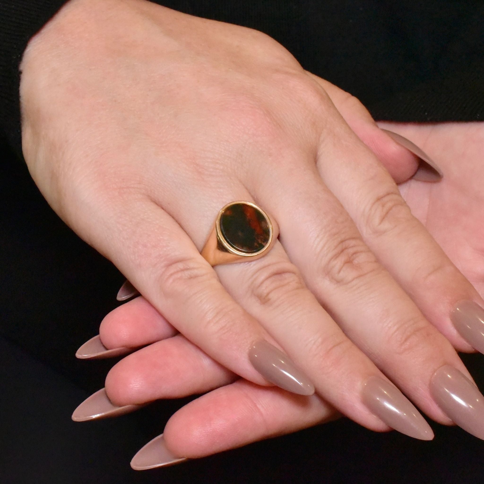 Vintage 9ct Yellow Gold Moss Agate Signet Ring - Birmingham 1977