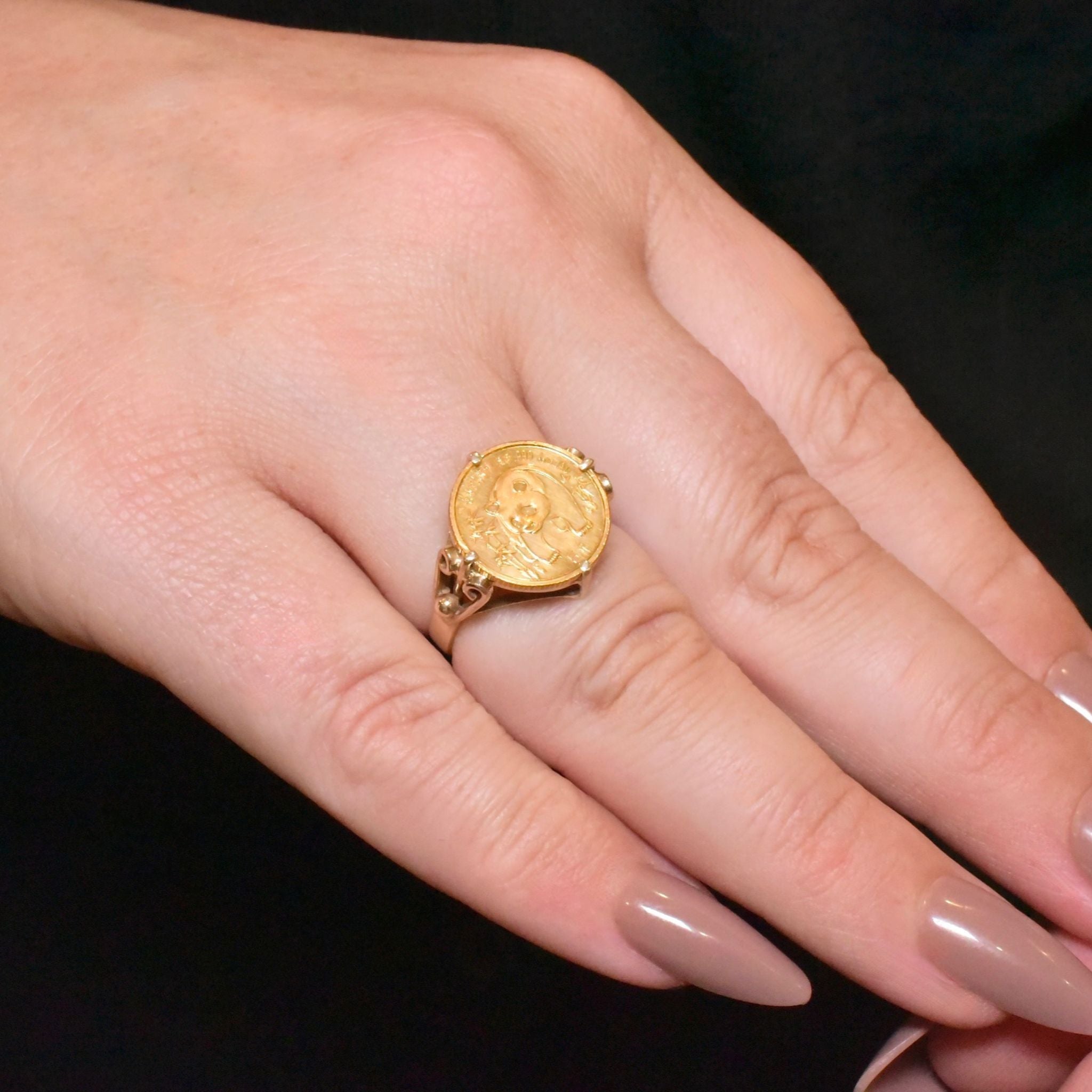 Charming & Collectible 24ct Gold Panda 1/20 OZ Coin In 9ct Mounted Ring - 1986