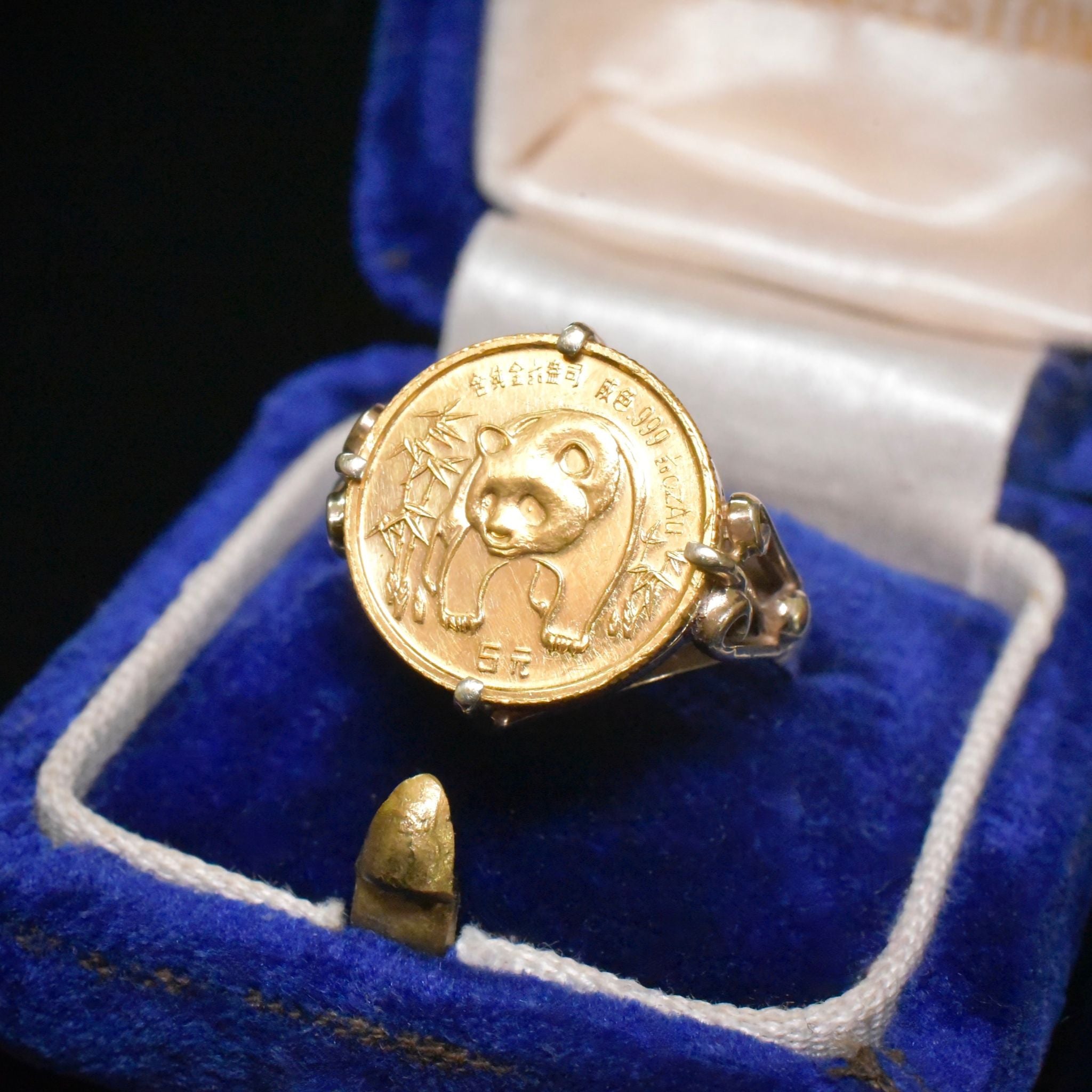 Charming & Collectible 24ct Gold Panda 1/20 OZ Coin In 9ct Mounted Ring - 1986