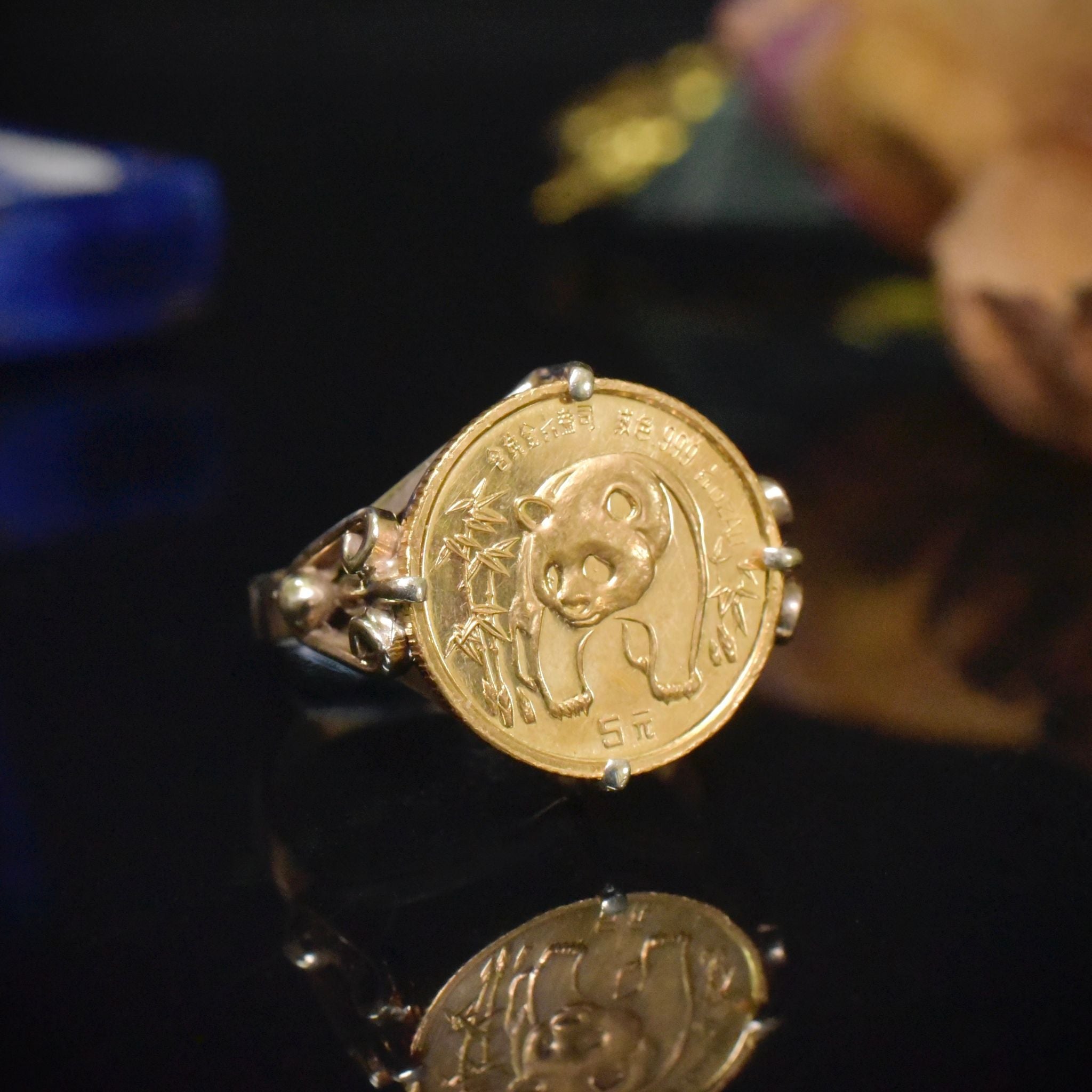 Charming & Collectible 24ct Gold Panda 1/20 OZ Coin In 9ct Mounted Ring - 1986