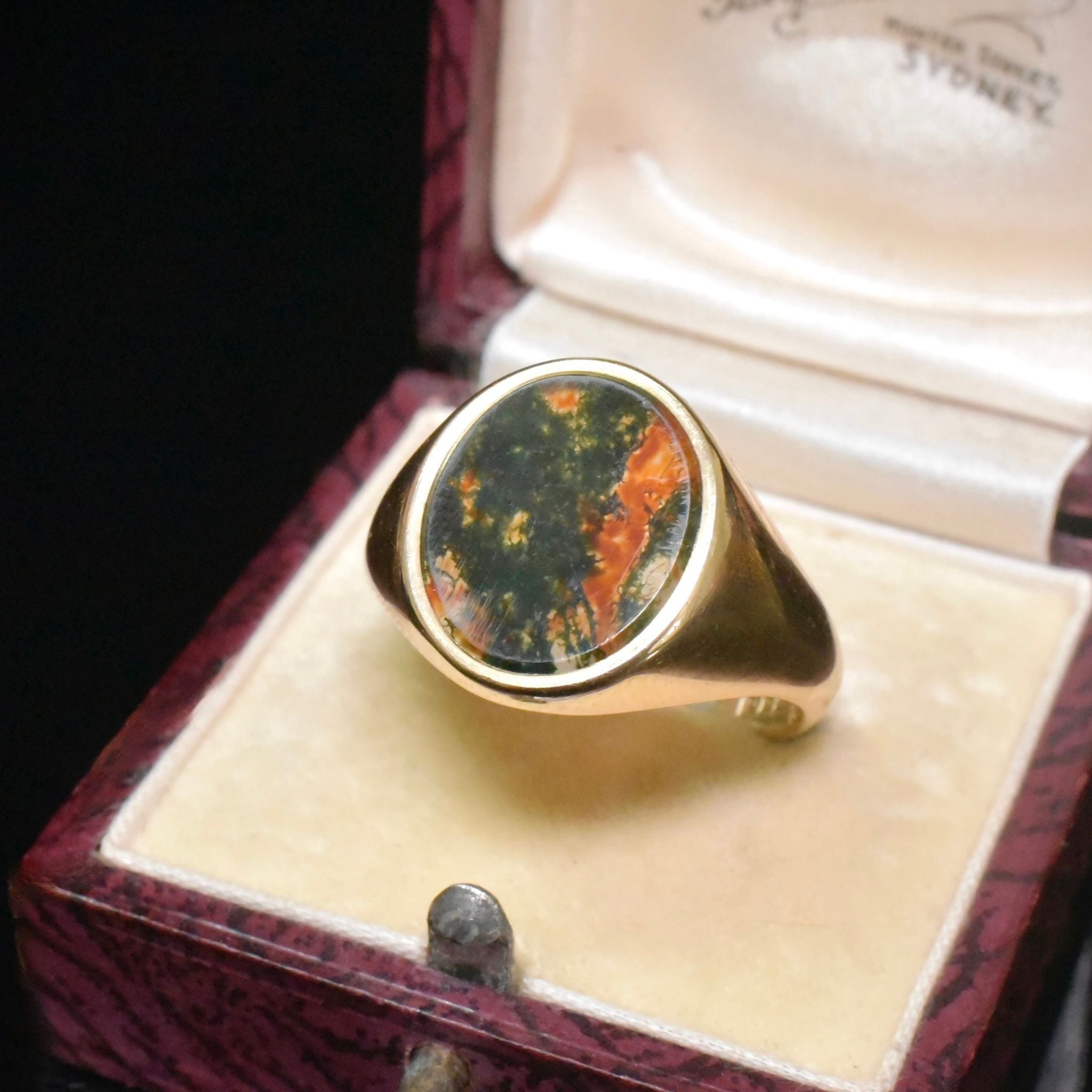 Vintage 9ct Yellow Gold Moss Agate Signet Ring - Birmingham 1977