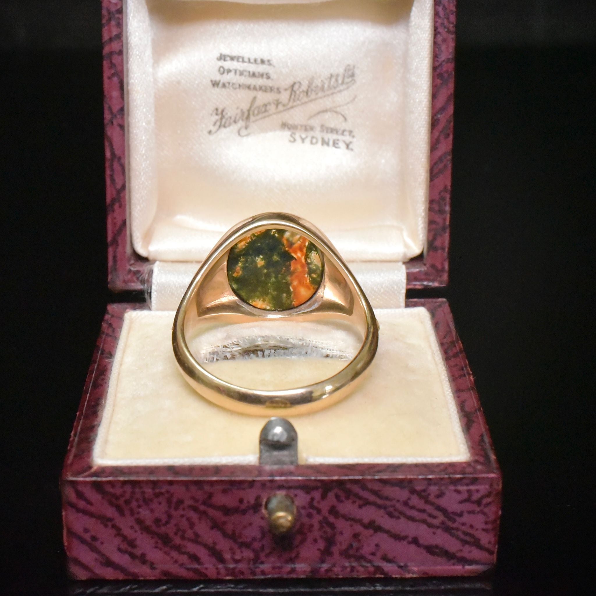 Vintage 9ct Yellow Gold Moss Agate Signet Ring - Birmingham 1977
