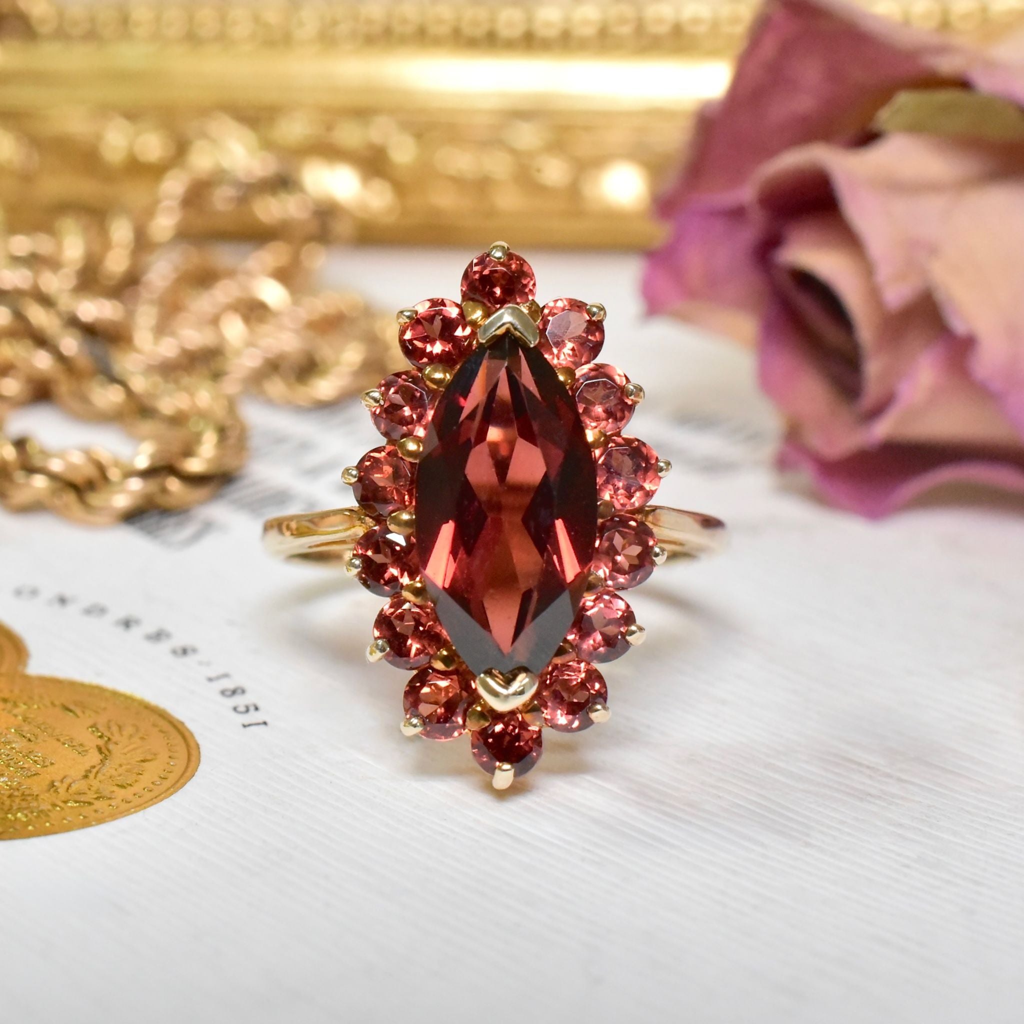 Modern 9ct Yellow Gold Marquise Garnet Cluster Ring - Sheffield UK