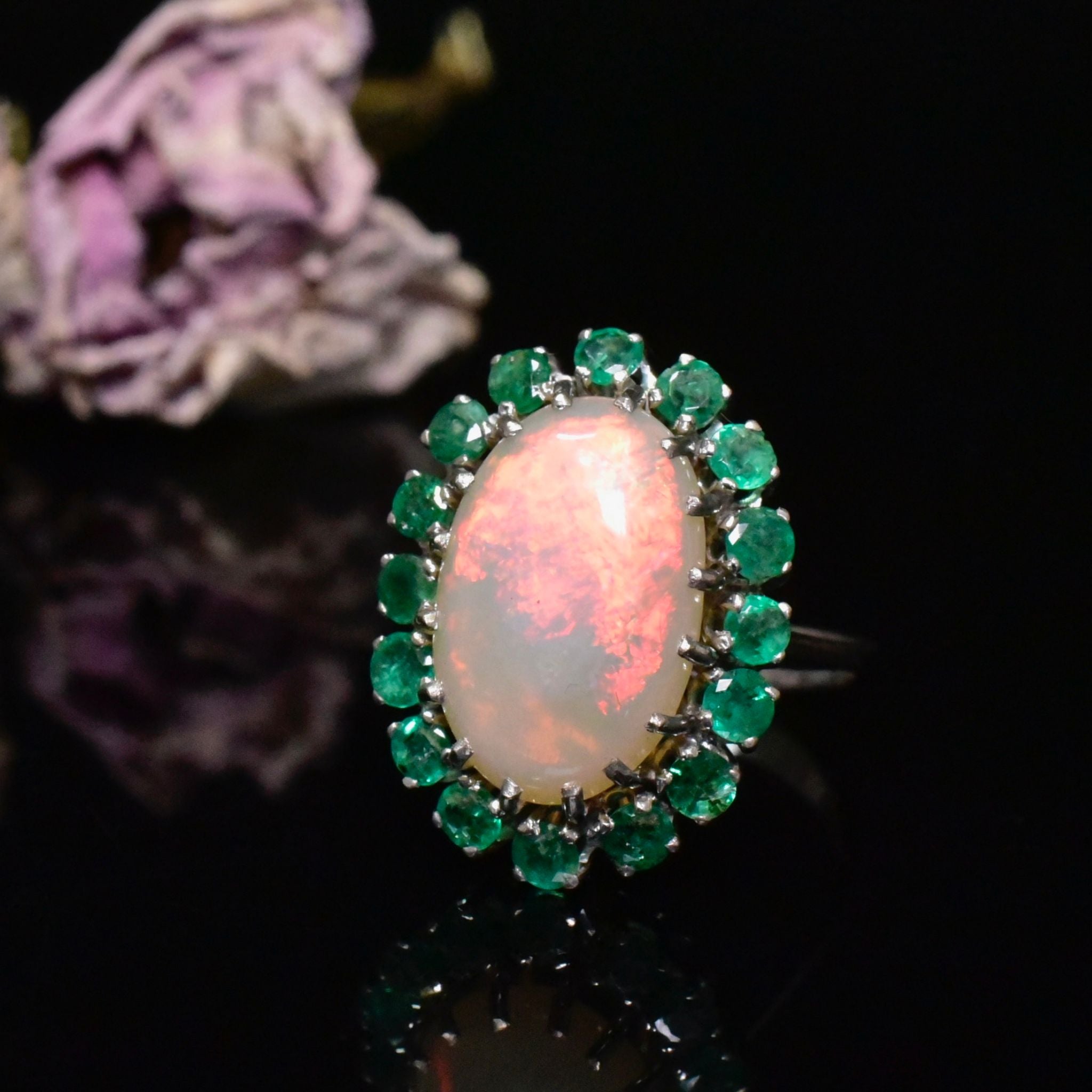 Vintage 9ct White Gold Opal And Emerald Halo Cluster Ring