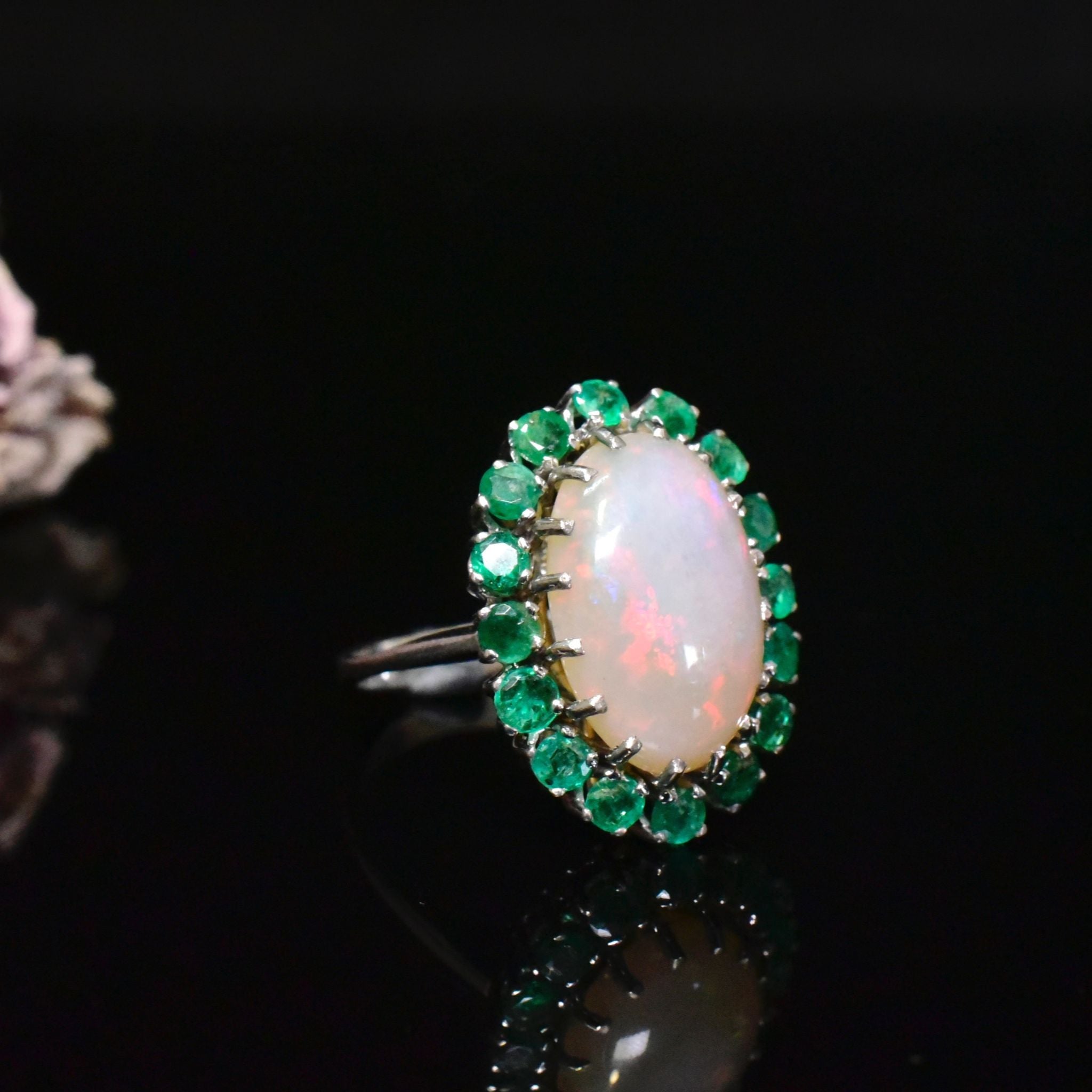 Vintage 9ct White Gold Opal And Emerald Halo Cluster Ring