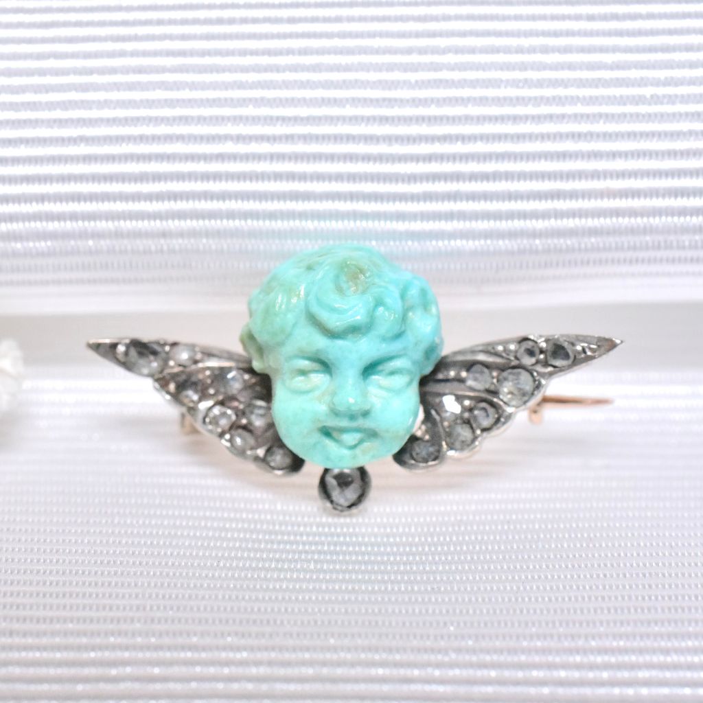 Antique Early Victorian Winged Diamond And Turquoise Cherub Brooch Circa 1850/60’s