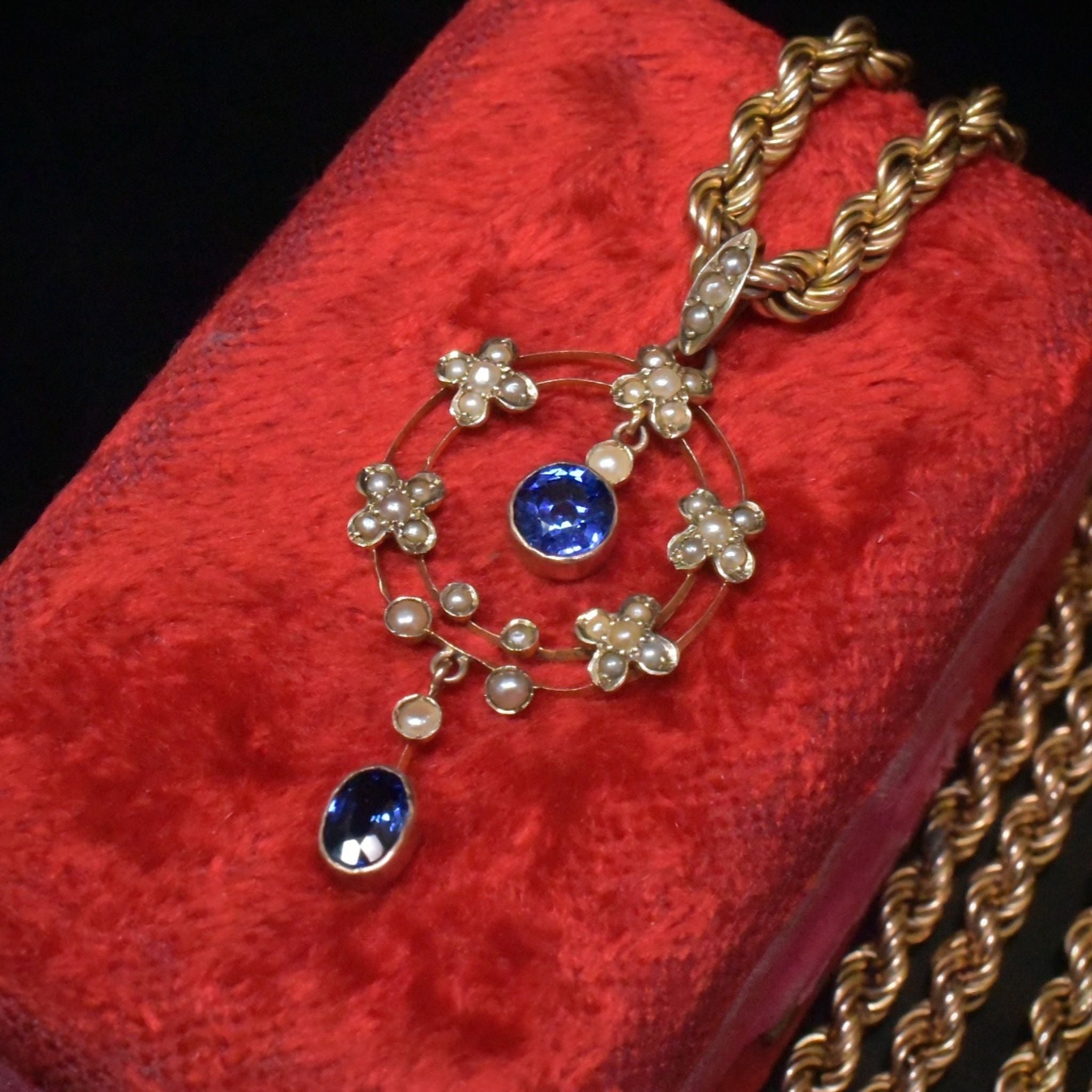 Antique Edwardian 9ct Rose Gold Sapphire And Seed Pearl Pendant - Circa 1910-15