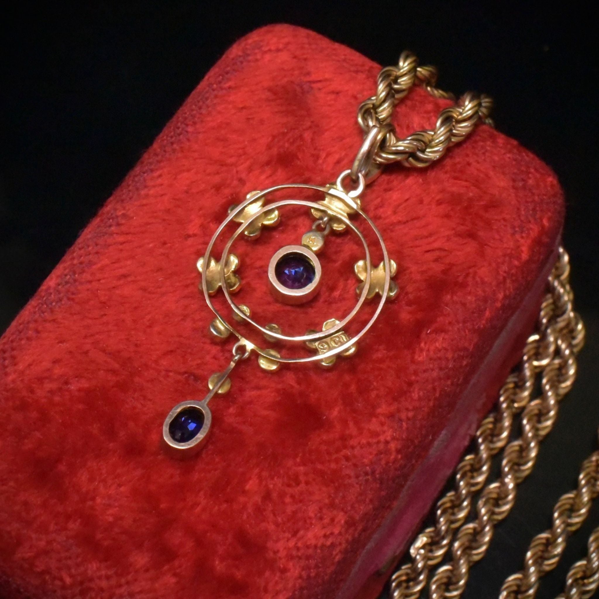 Antique Edwardian 9ct Rose Gold Sapphire And Seed Pearl Pendant - Circa 1910-15