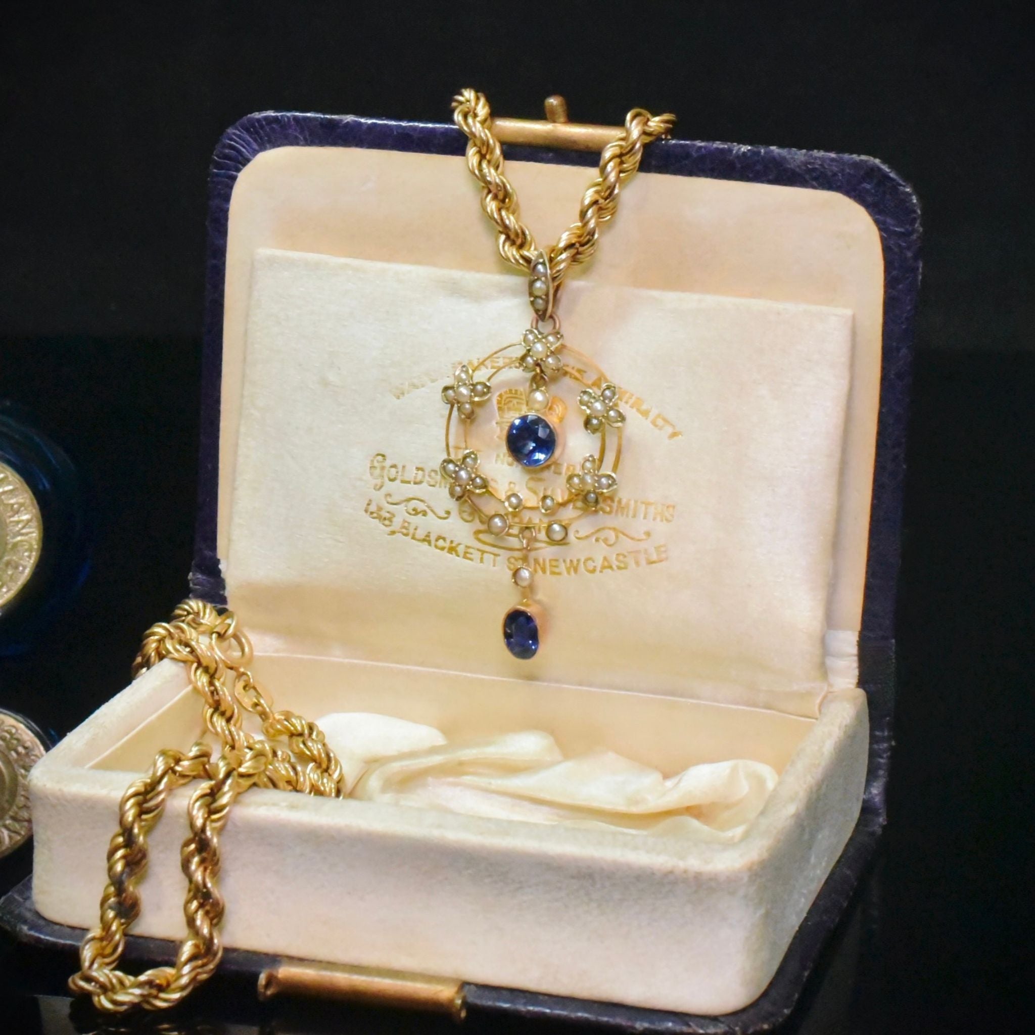 Antique Edwardian 9ct Rose Gold Sapphire And Seed Pearl Pendant - Circa 1910-15