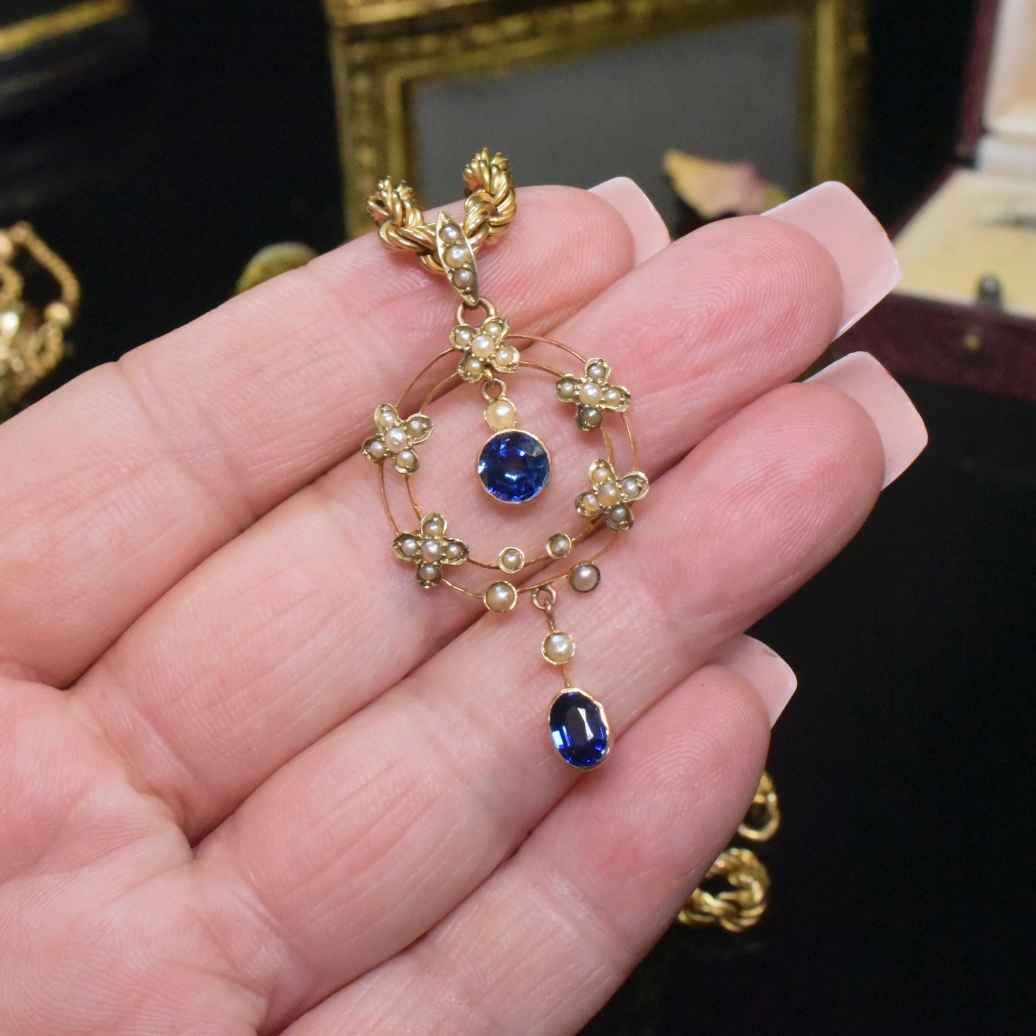 Antique Edwardian 9ct Rose Gold Sapphire And Seed Pearl Pendant - Circa 1910-15