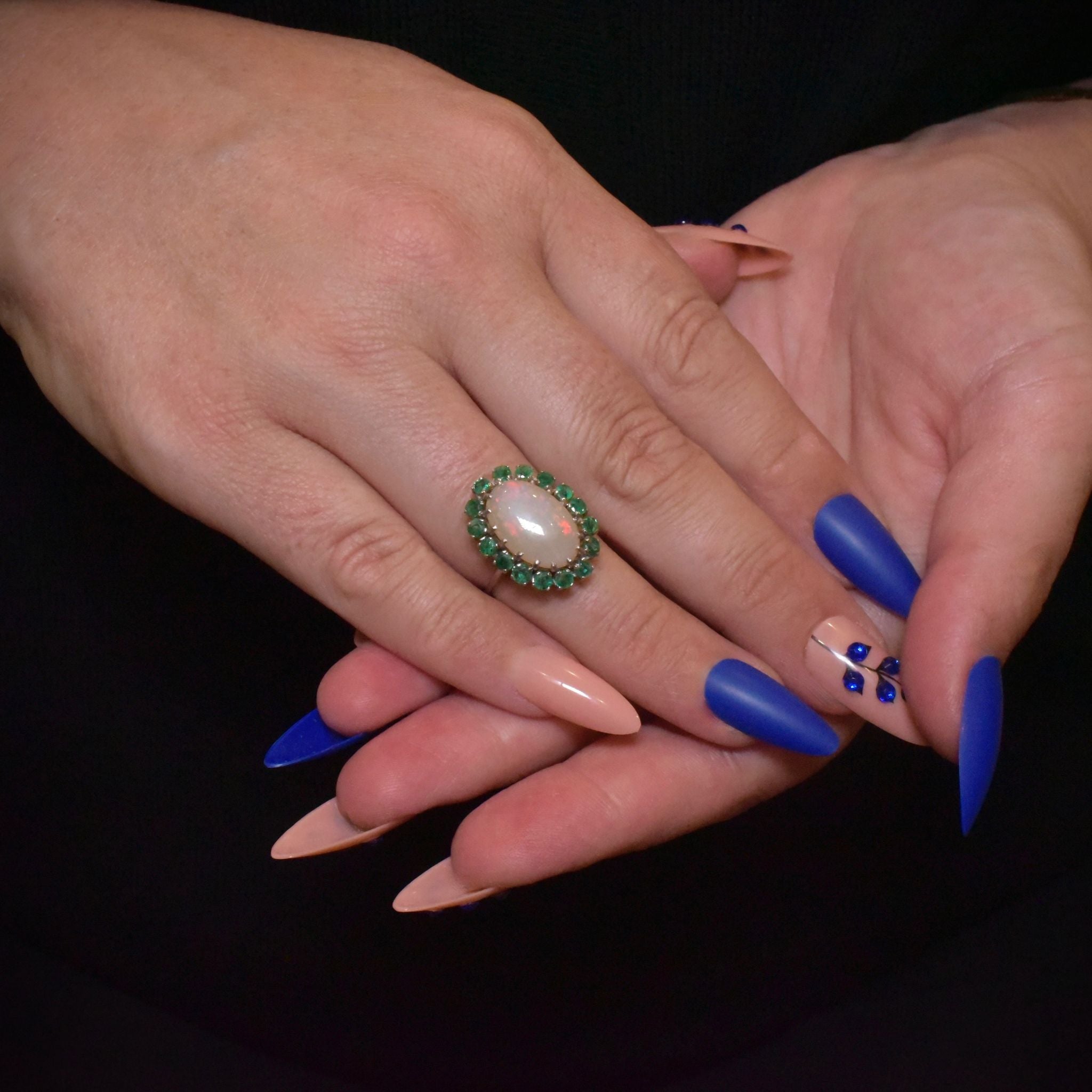 Vintage 9ct White Gold Opal And Emerald Halo Cluster Ring