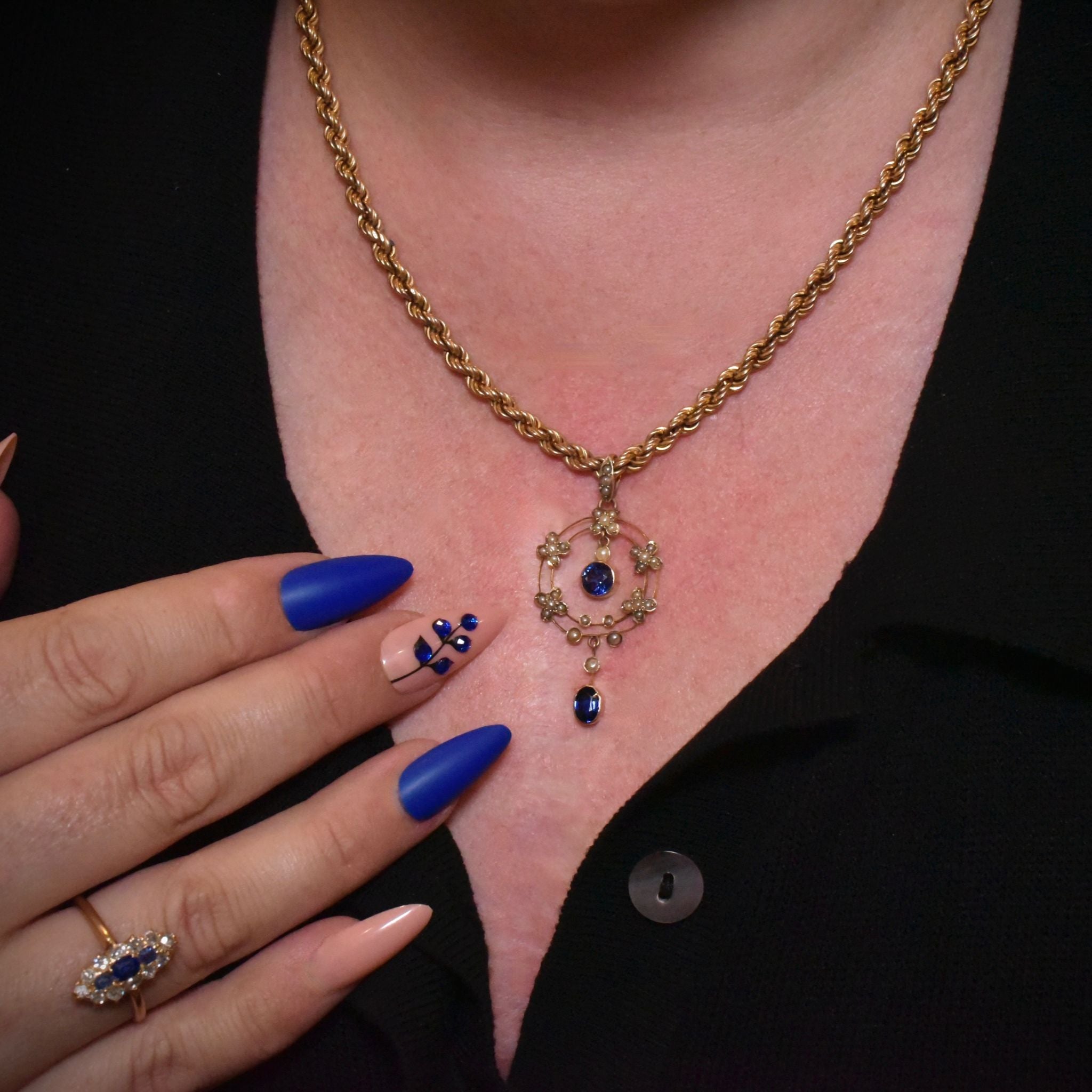 Antique Edwardian 9ct Rose Gold Sapphire And Seed Pearl Pendant - Circa 1910-15