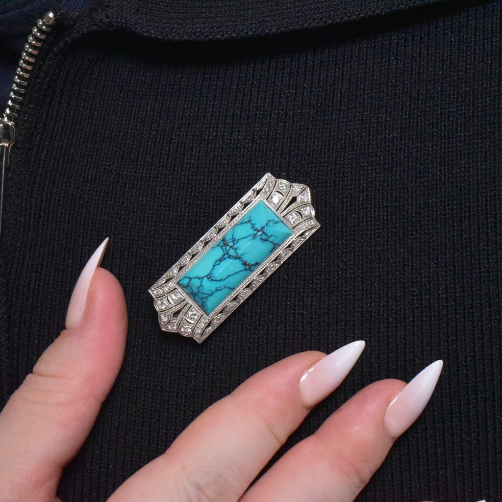 Antique Art Deco 14ct White Gold Turquoise And Diamond Brooch Circa 1925 Independent Gemmological Valuation Included $6000 AUD