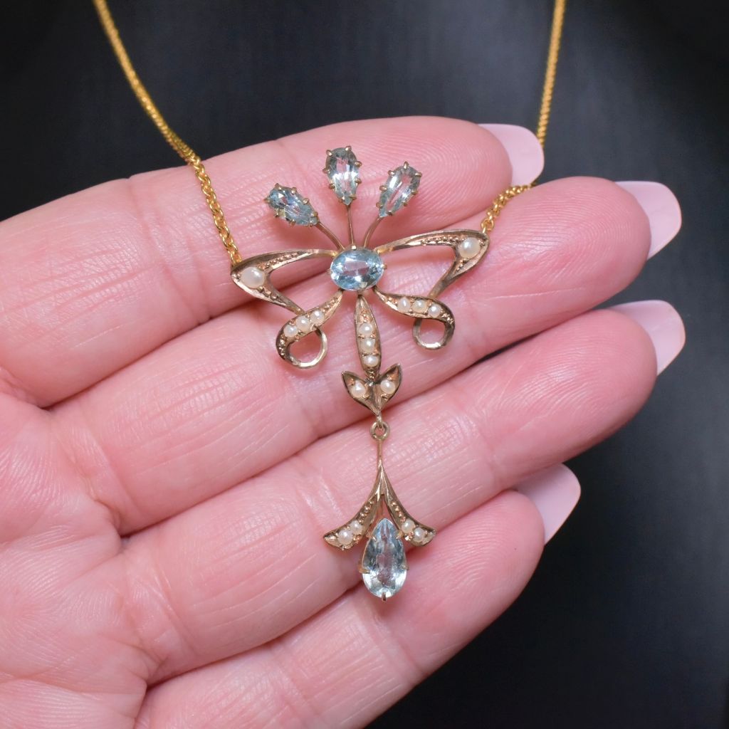 Antique Edwardian 9ct Rose (And Yellow) Gold Aquamarine And Seed Pearl Pendant Necklace Circa 1905-1910 By Joseph Lawrence 1894-1980’s
