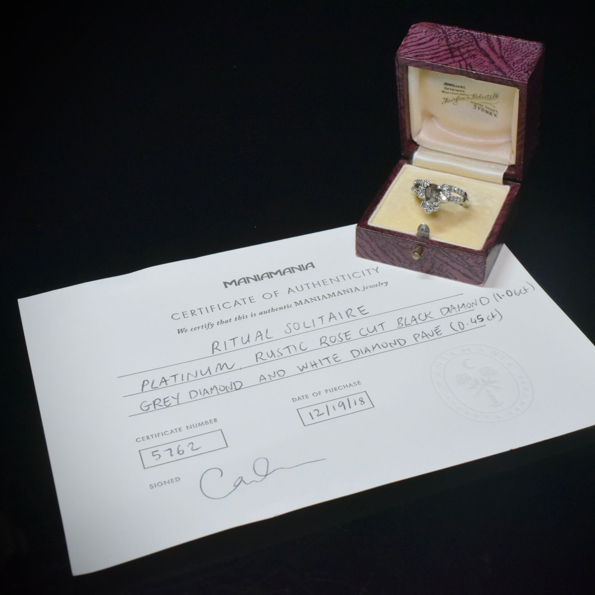 Outstanding Australian Designer Solid Platinum Salt & Pepper (1.06ct) Diamond Grey And White Diamond Ring - TDW 1.51ct Niche Australian Jewellery Designer ‘MANIA MANIA’ Sydney