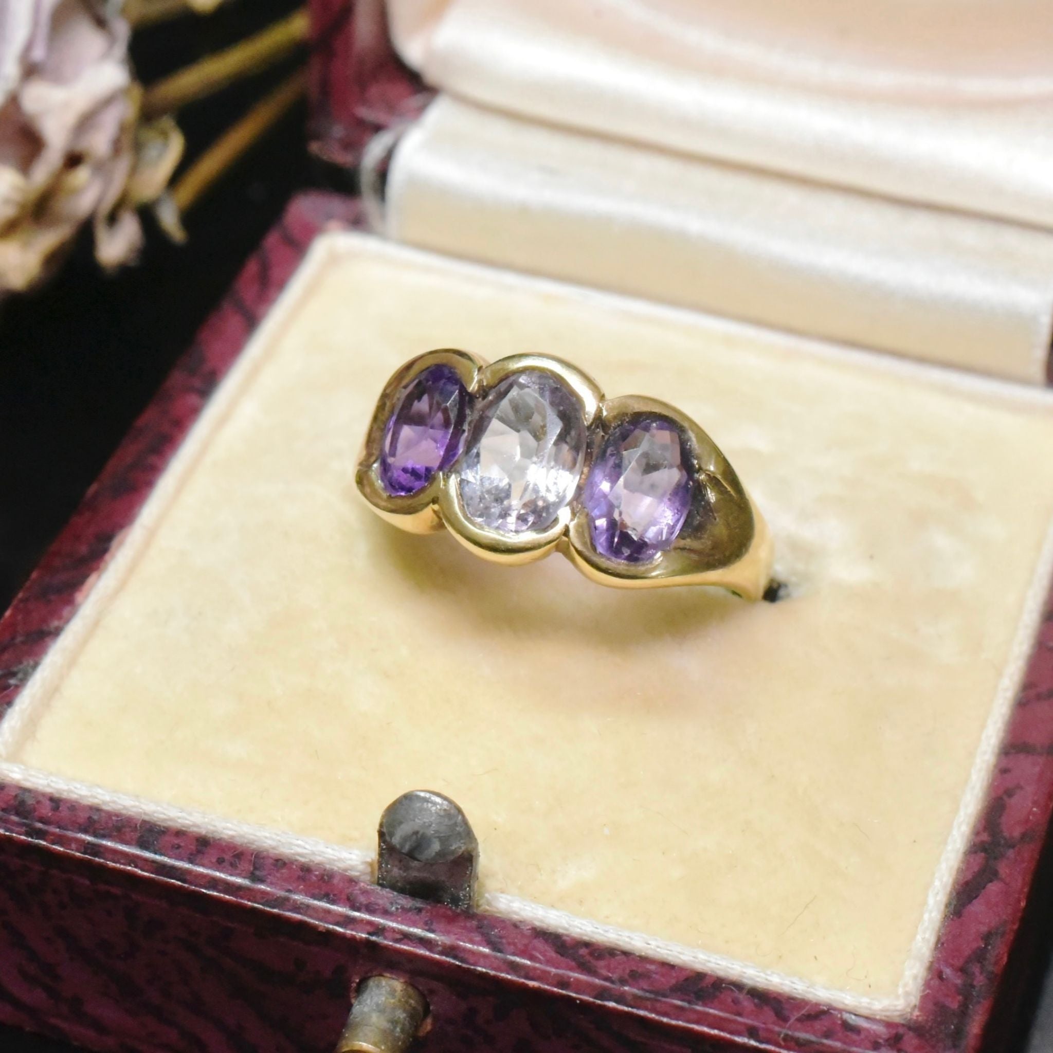 Vintage 9ct Yellow Gold Amethyst Trilogy Ring