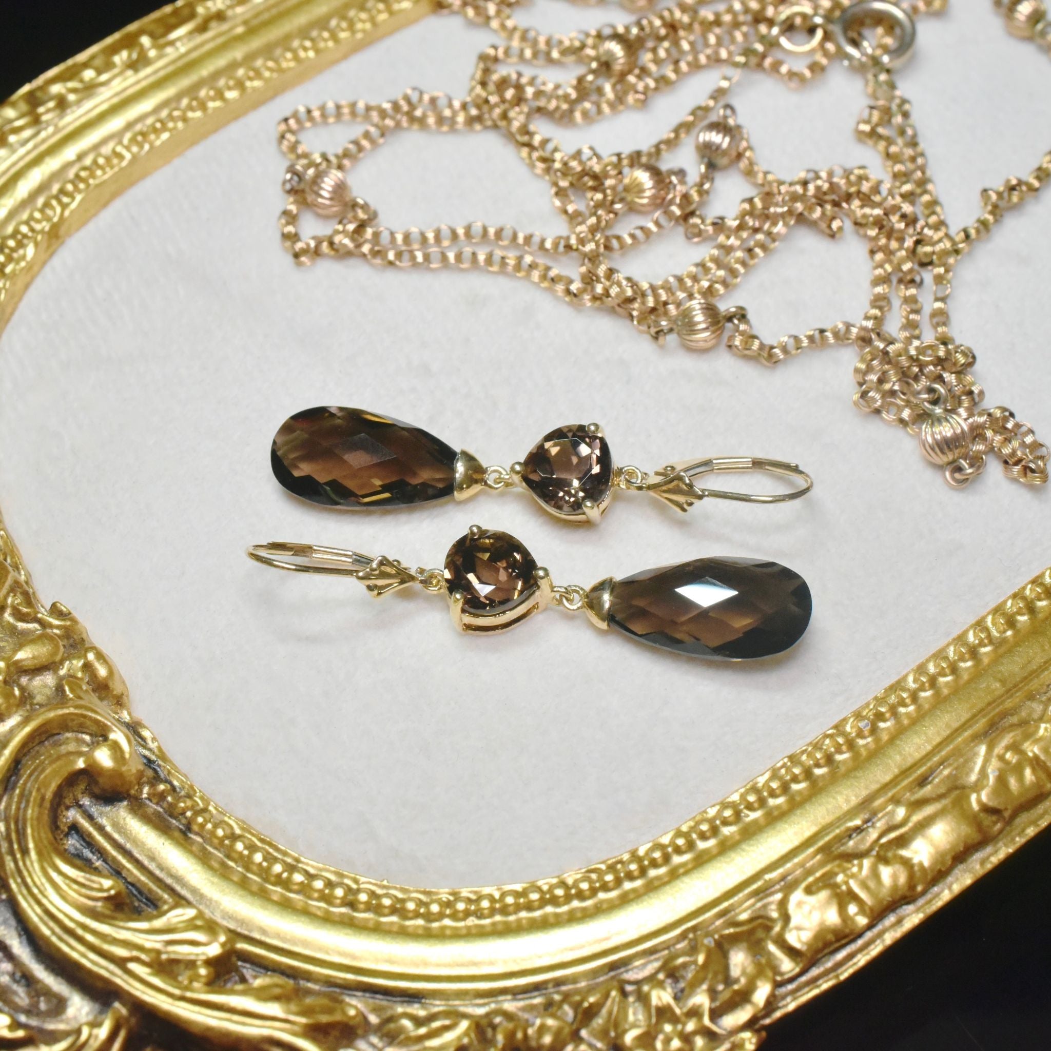 Stunning Modern 9ct Yellow Gold Smoky Quartz Drop Earrings