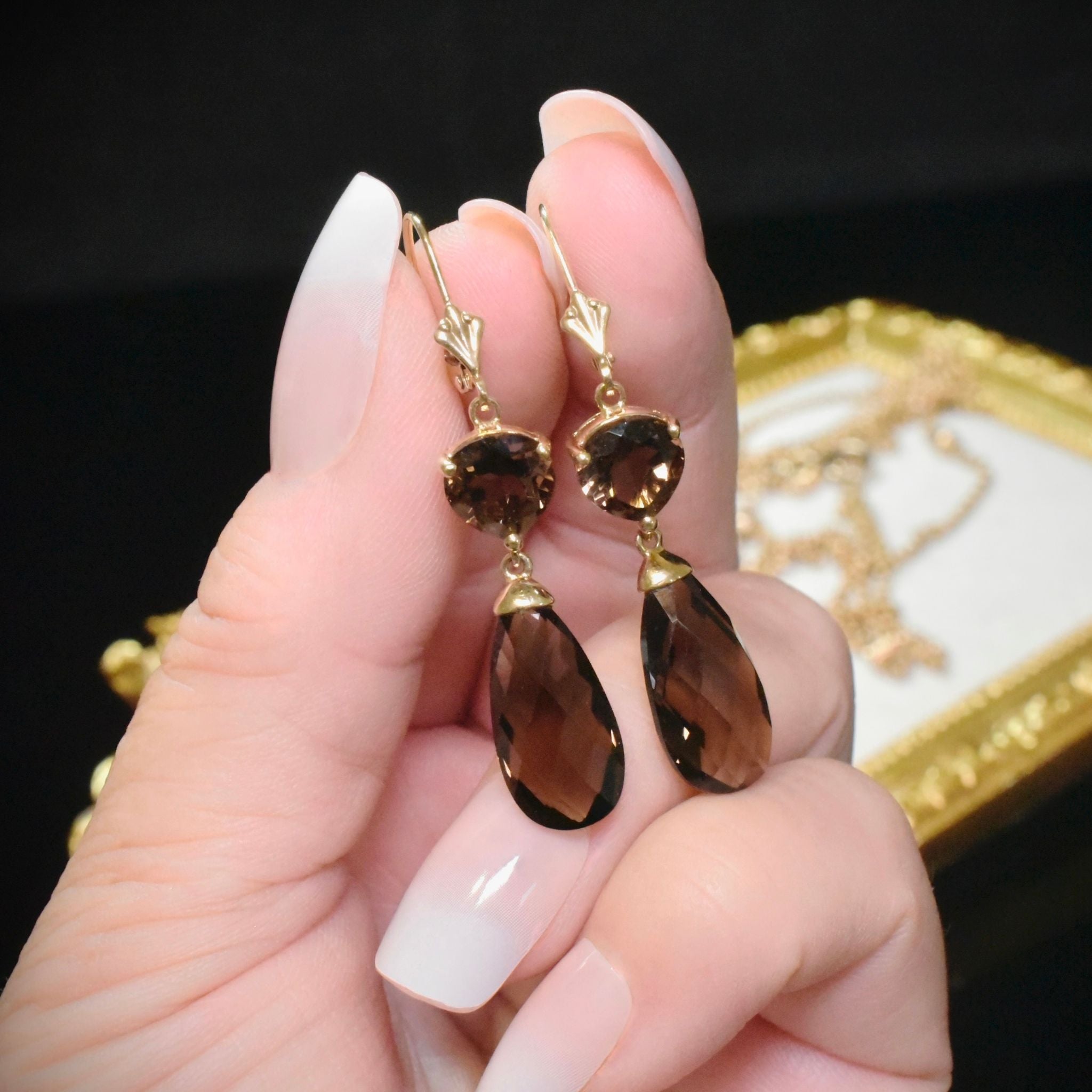 Stunning Modern 9ct Yellow Gold Smoky Quartz Drop Earrings