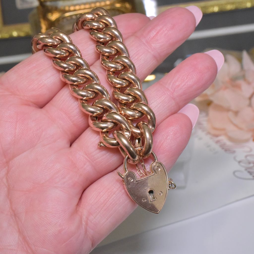 Antique Edwardian Australian 9ct Rose Gold Heart Padlock Curblink Bracelet By Willis And Sons Circa 1910