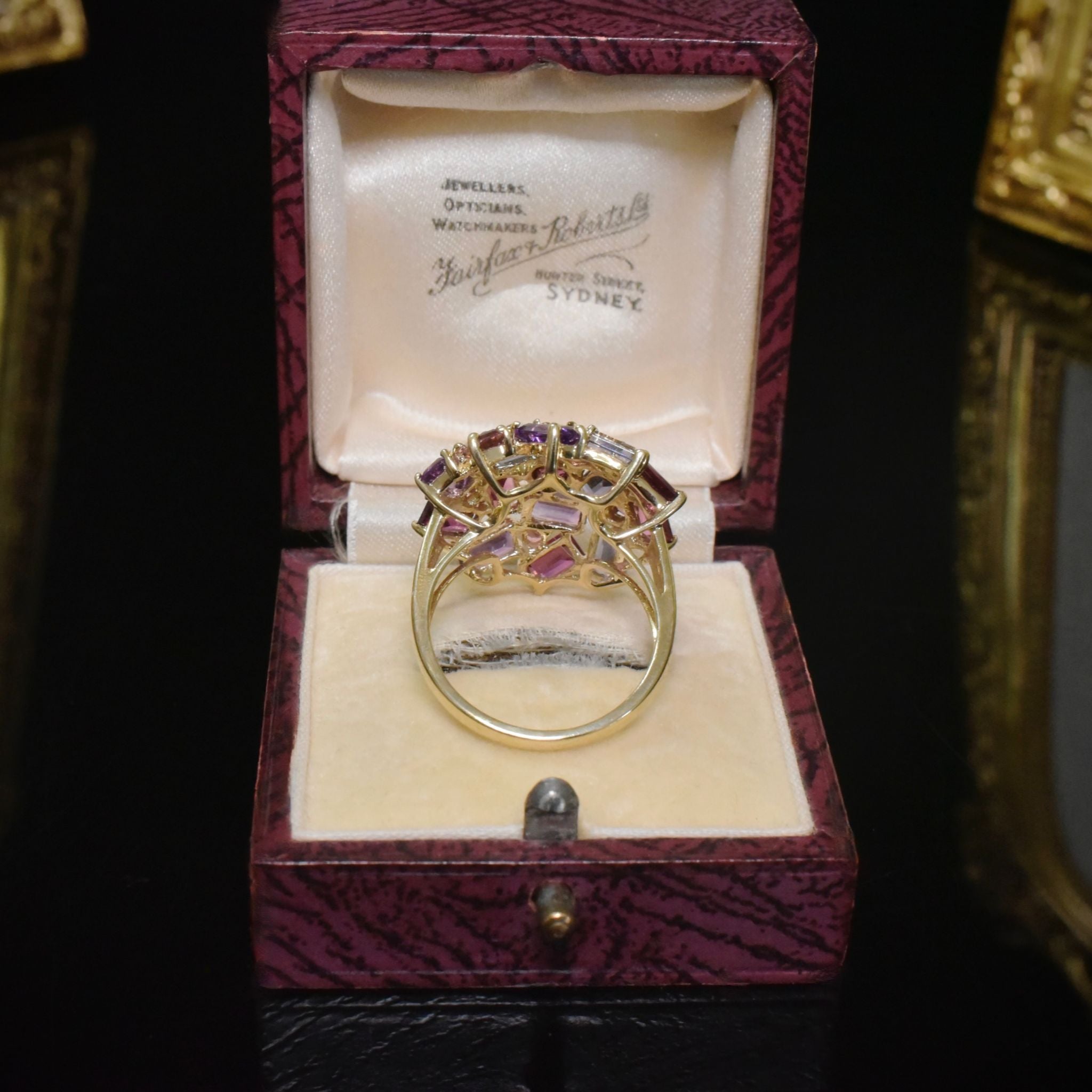 Stunning 9ct Yellow Gold Amethyst, Garnet And Iolite Ring - London 2004