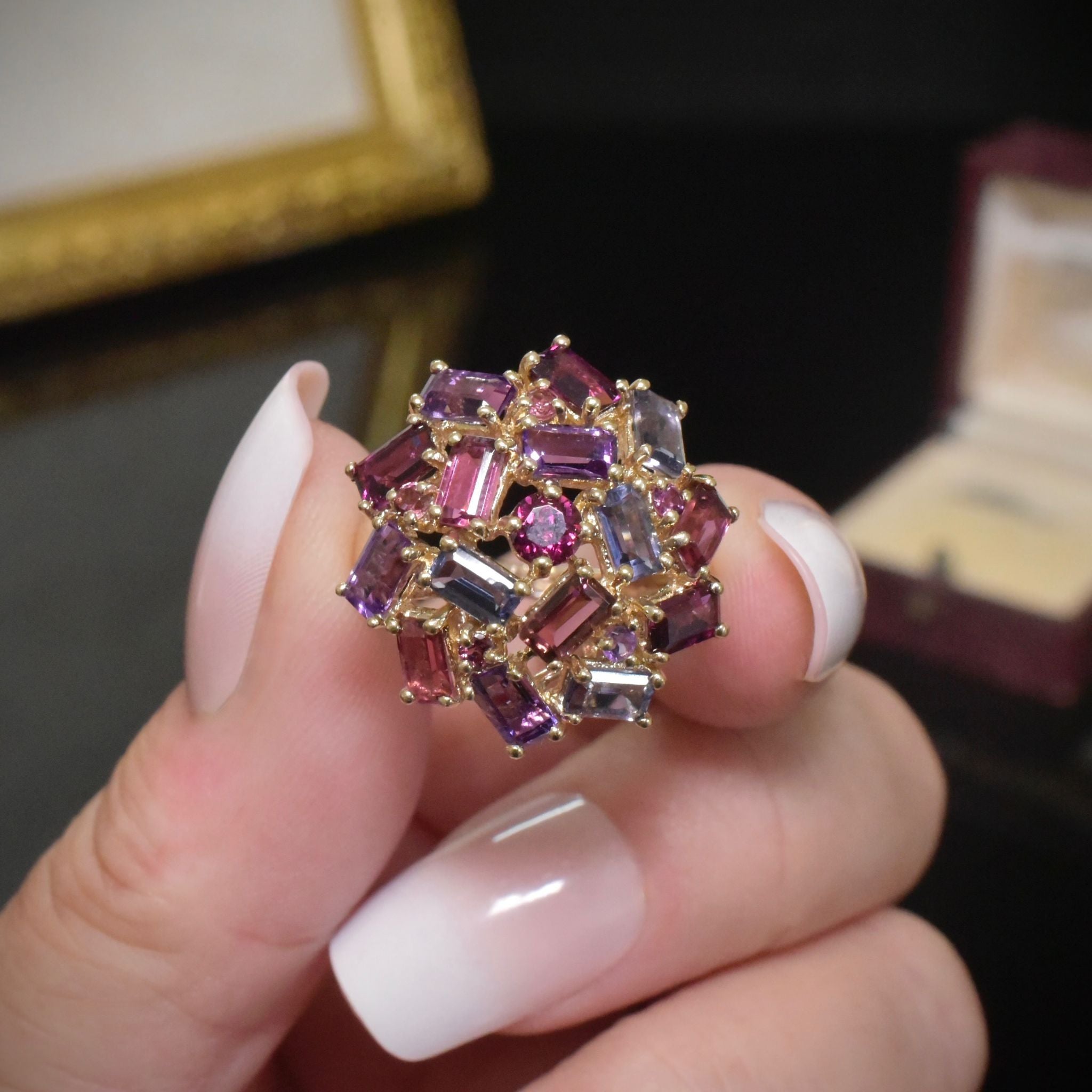 Stunning 9ct Yellow Gold Amethyst, Garnet And Iolite Ring - London 2004
