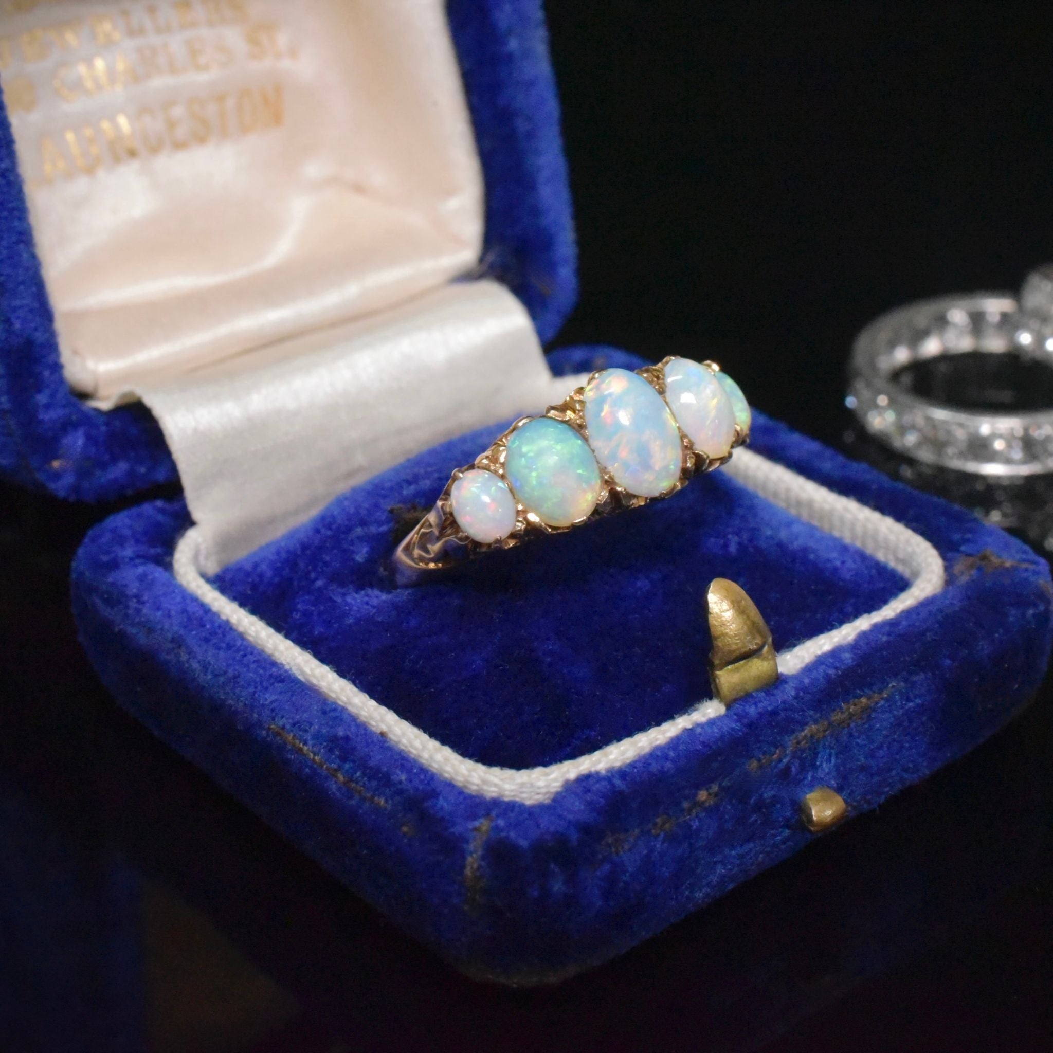 Antique Edwardian Australian 15ct Yellow Gold Solid Opal Half Hoop Ring - Circa 1900-1910