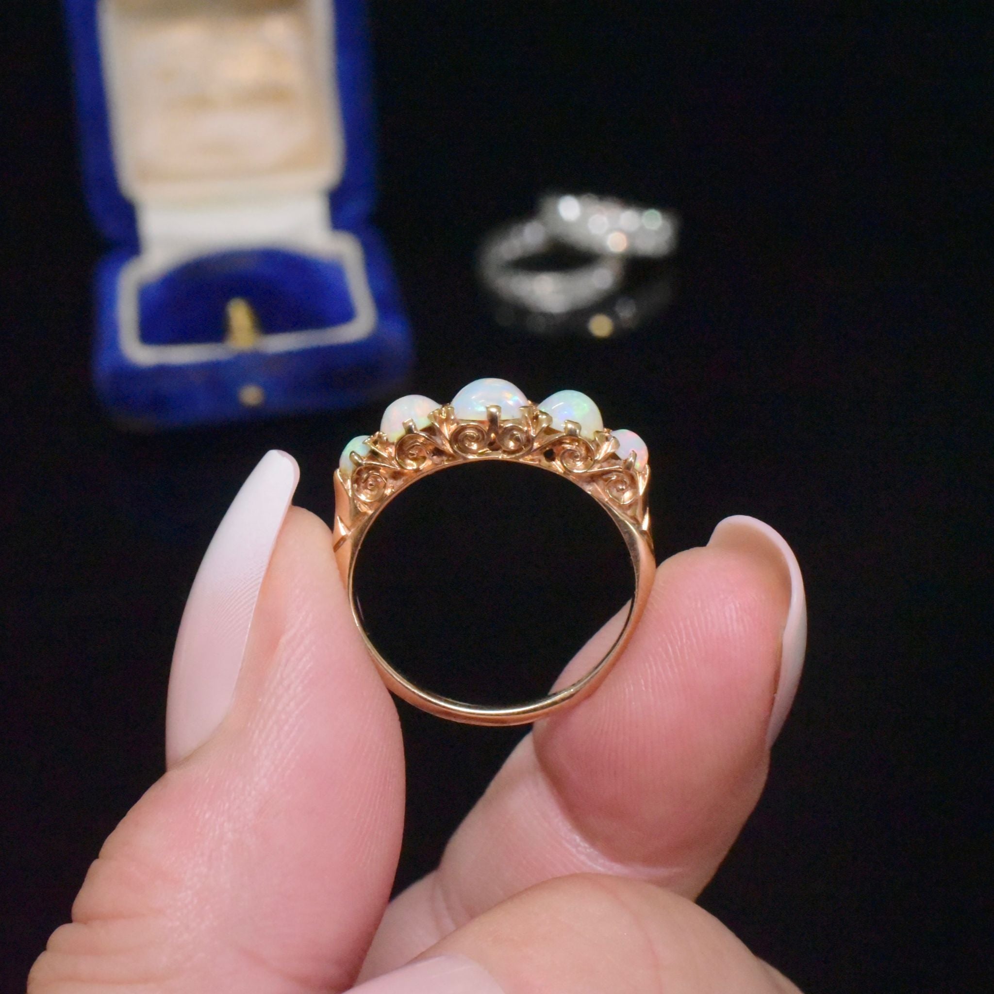 Antique Edwardian Australian 15ct Yellow Gold Solid Opal Half Hoop Ring - Circa 1900-1910