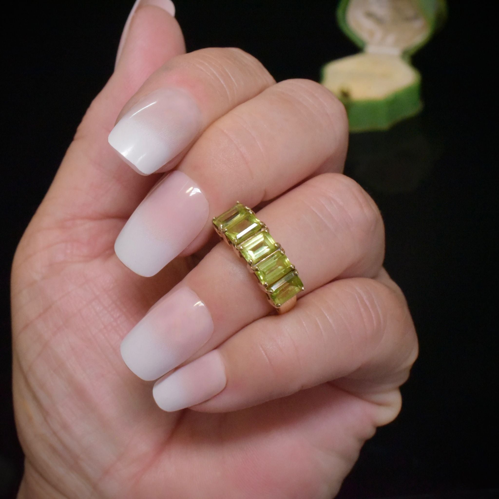 Charming 9ct Yellow Gold Emerald-Cut Peridot Half Hoop Ring