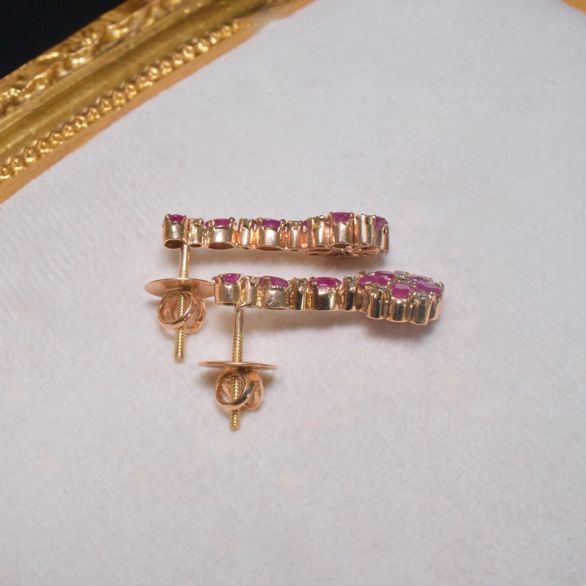 Fabulous 14ct Rose Gold Ruby And Champagne Diamond Earrings