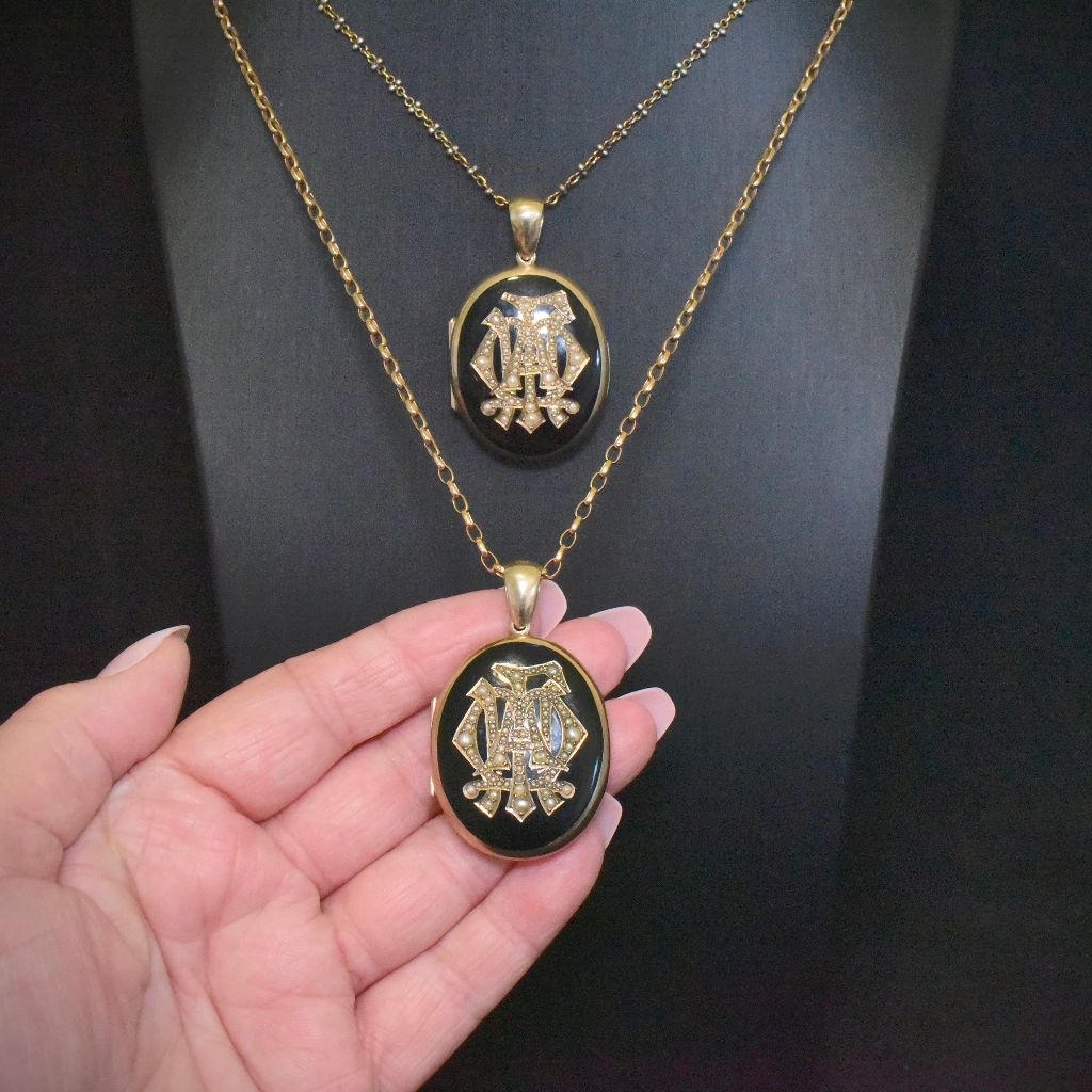 Antique Victorian 9ct Rose Gold Seed Pearl And Enamel Mourning Locket Circa 1870’s