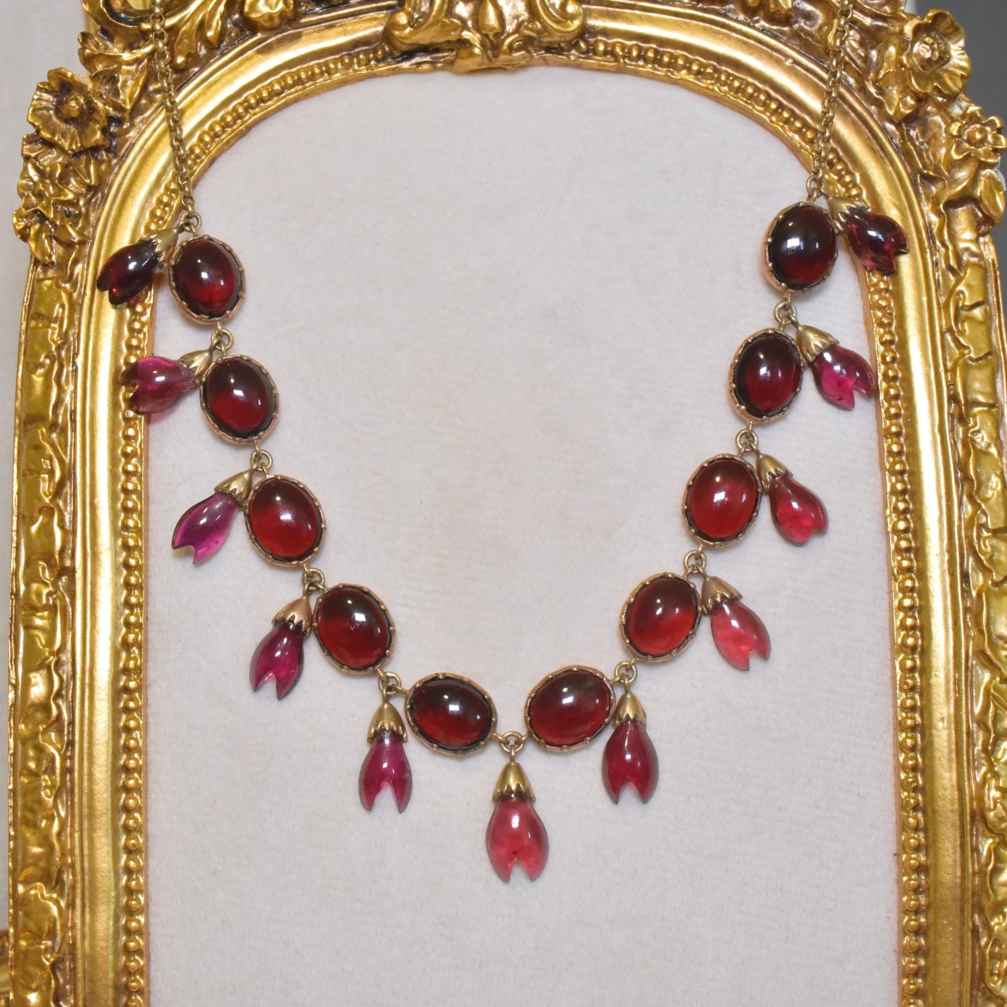 Antique 9ct Rose Gold Garnet Demi-Parure Fringe Necklace And Earrings Circa 1900-1910