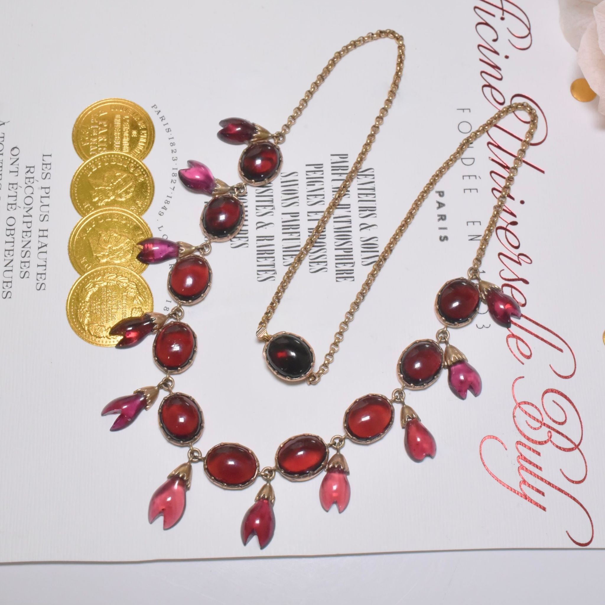 Antique 9ct Rose Gold Garnet Demi-Parure Fringe Necklace And Earrings Circa 1900-1910