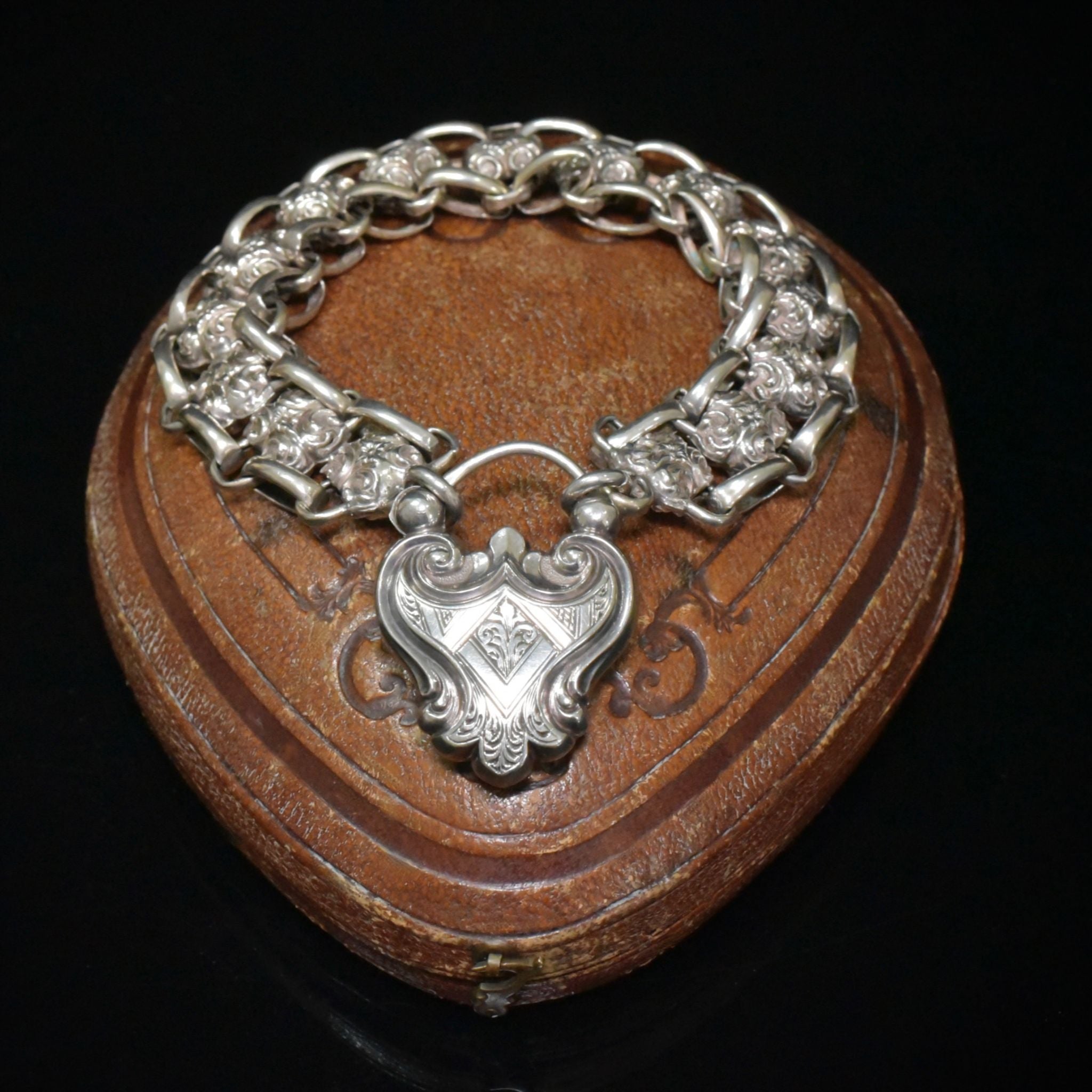 Fabulous Antique Victorian Sterling Silver Heart Padlock Bracelet Circa 1890’s