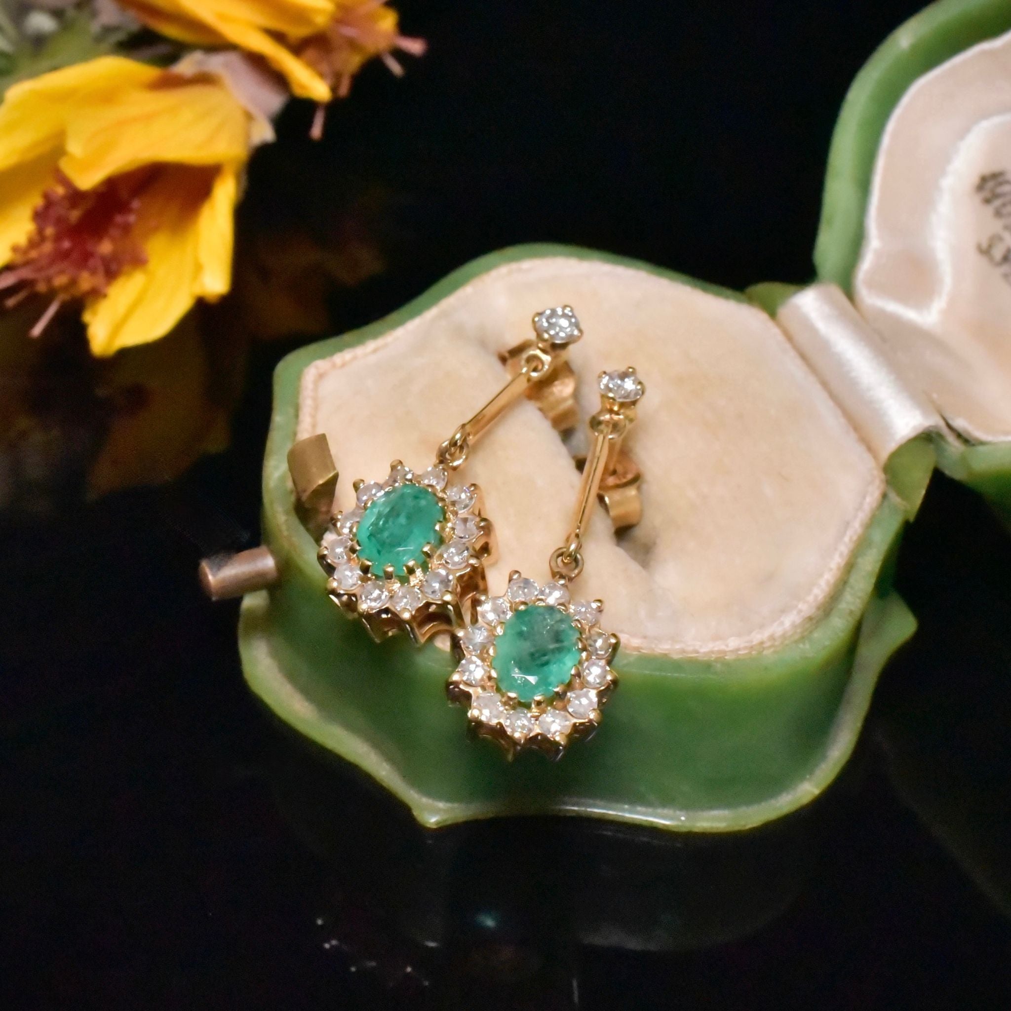 Stunning 18ct Yellow Gold Emerald And Diamond Drop Earrings